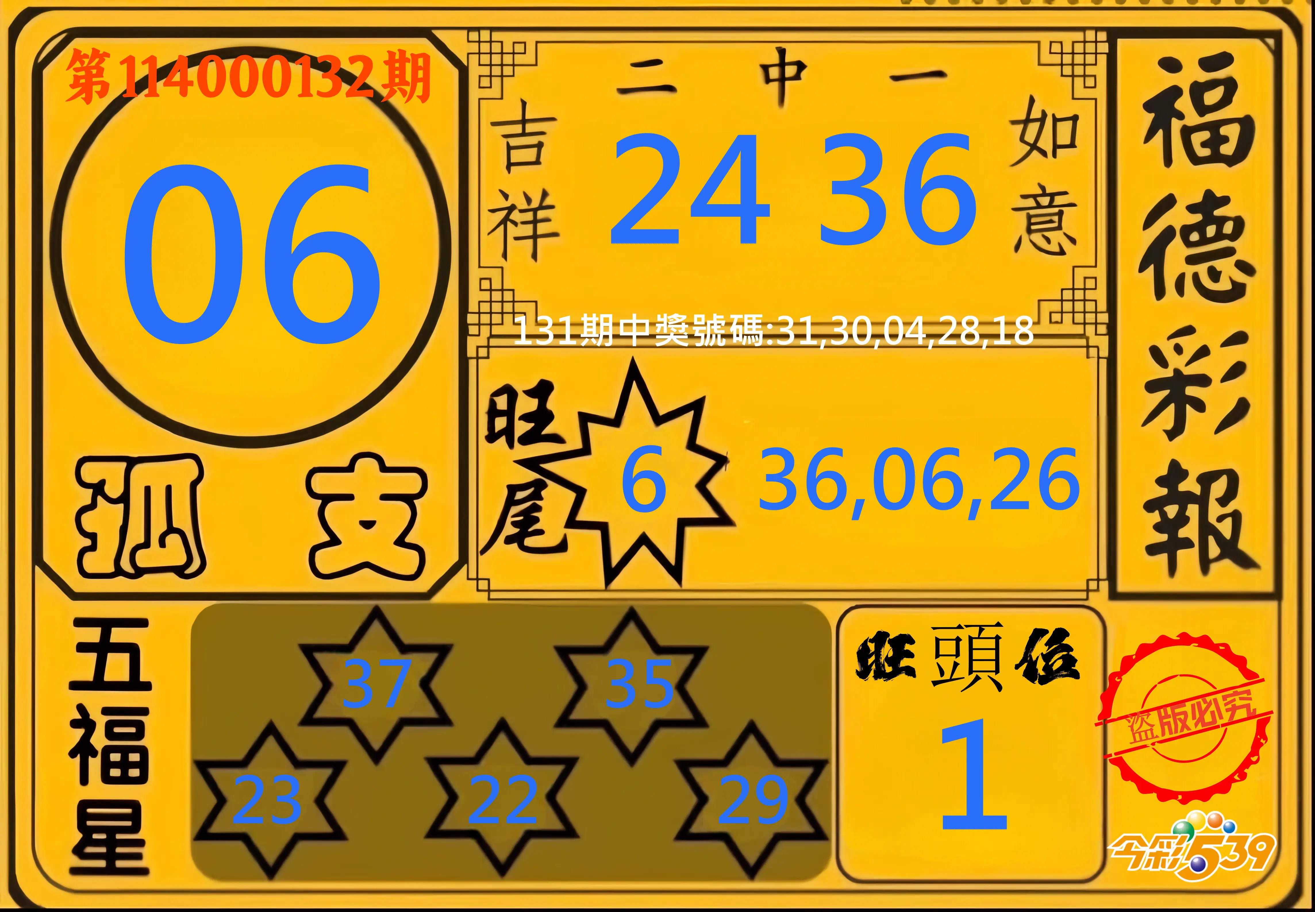 今彩539第114000132期今彩539德福彩報牌預測