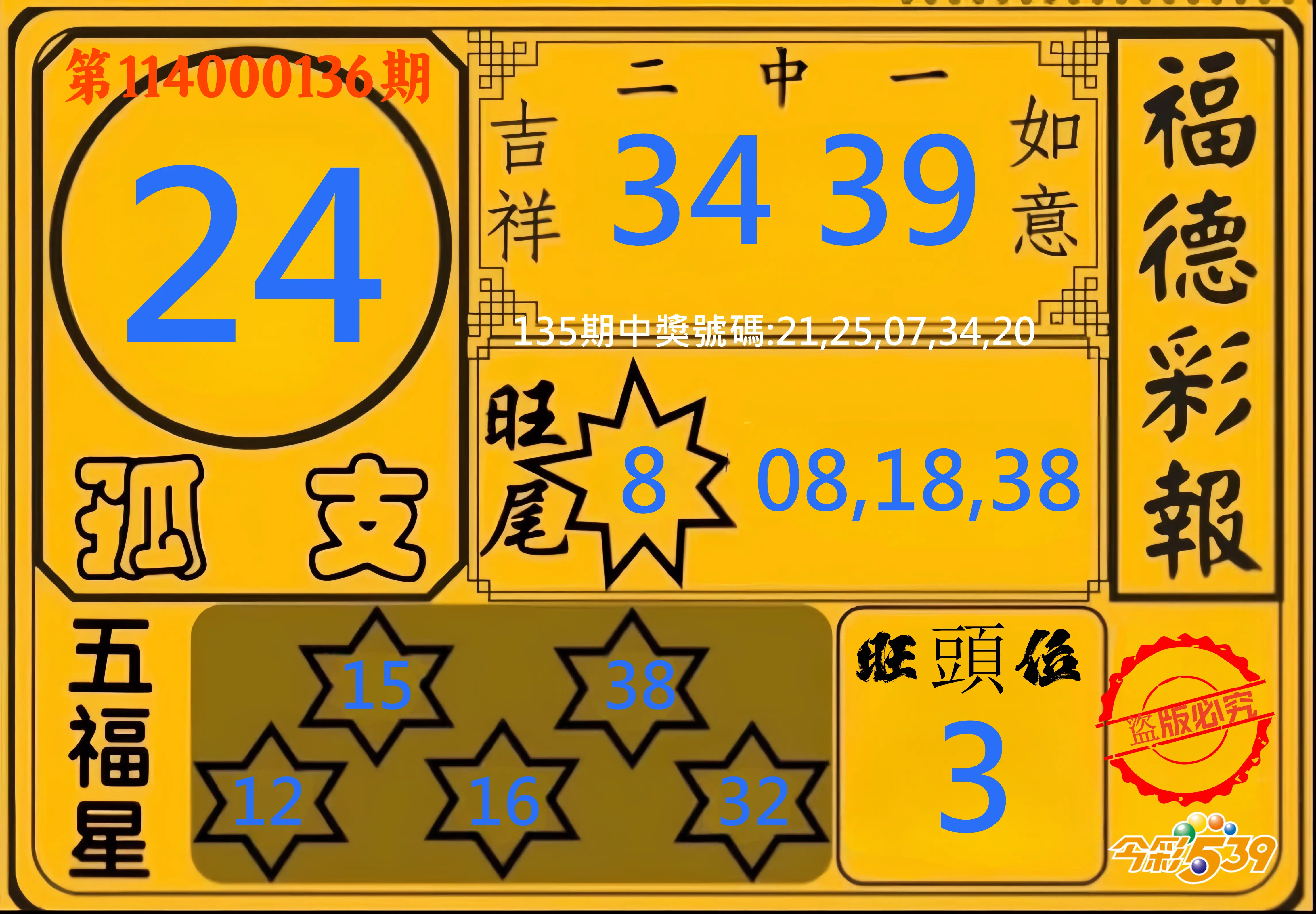 今彩539第114000136期今彩539德福彩報牌預測