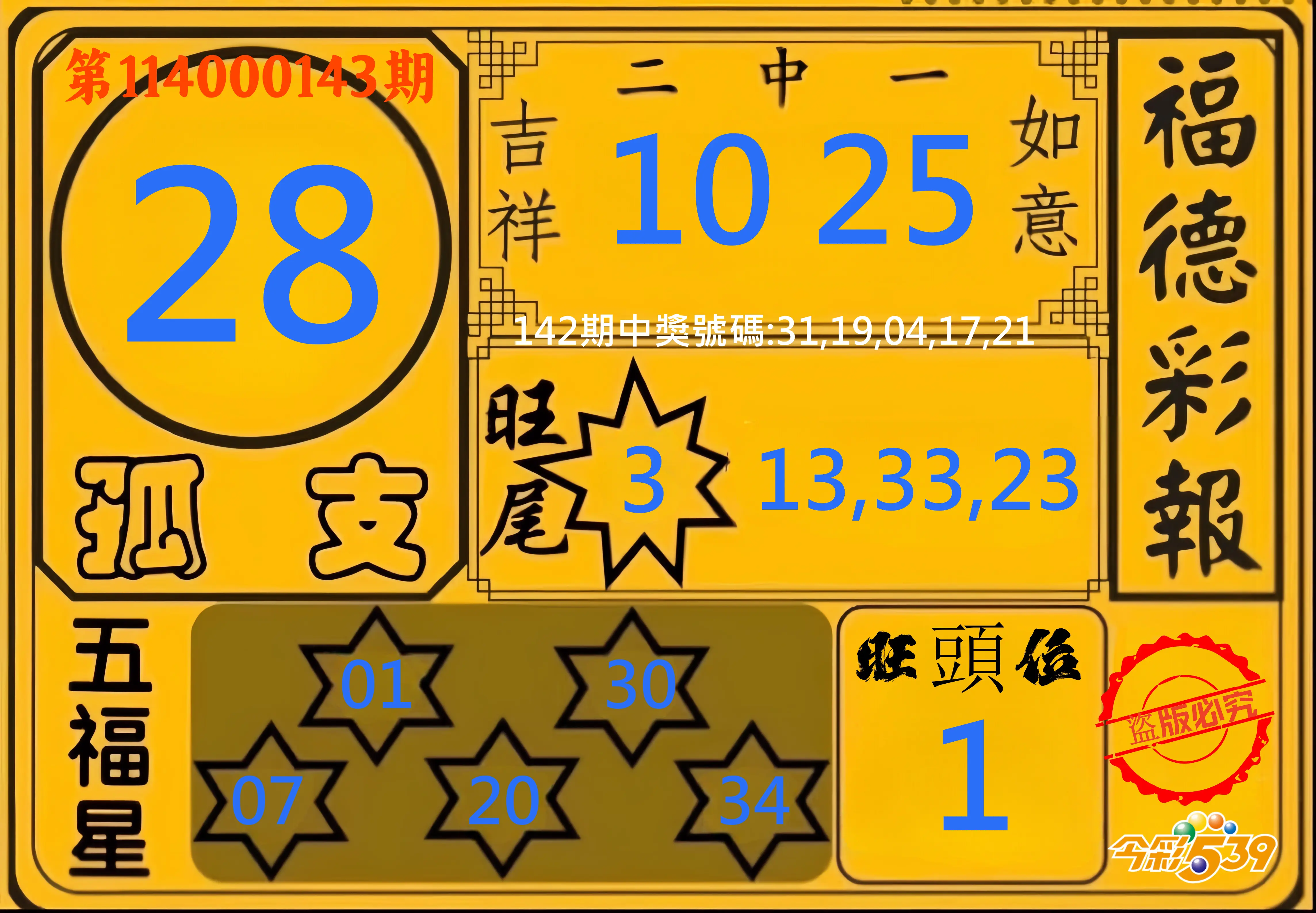 今彩539第114000143期今彩539德福彩報牌預測