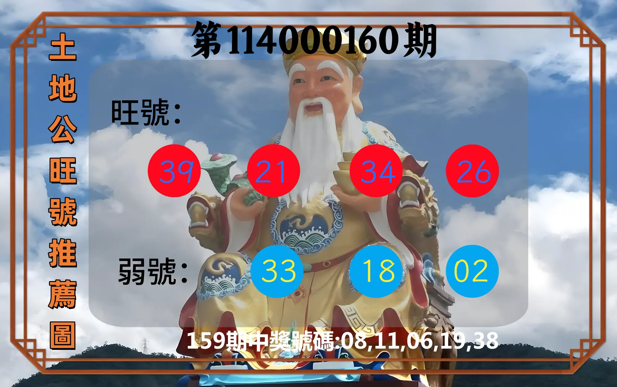 今彩539第114000160期(07/03)土地公旺號推薦圖