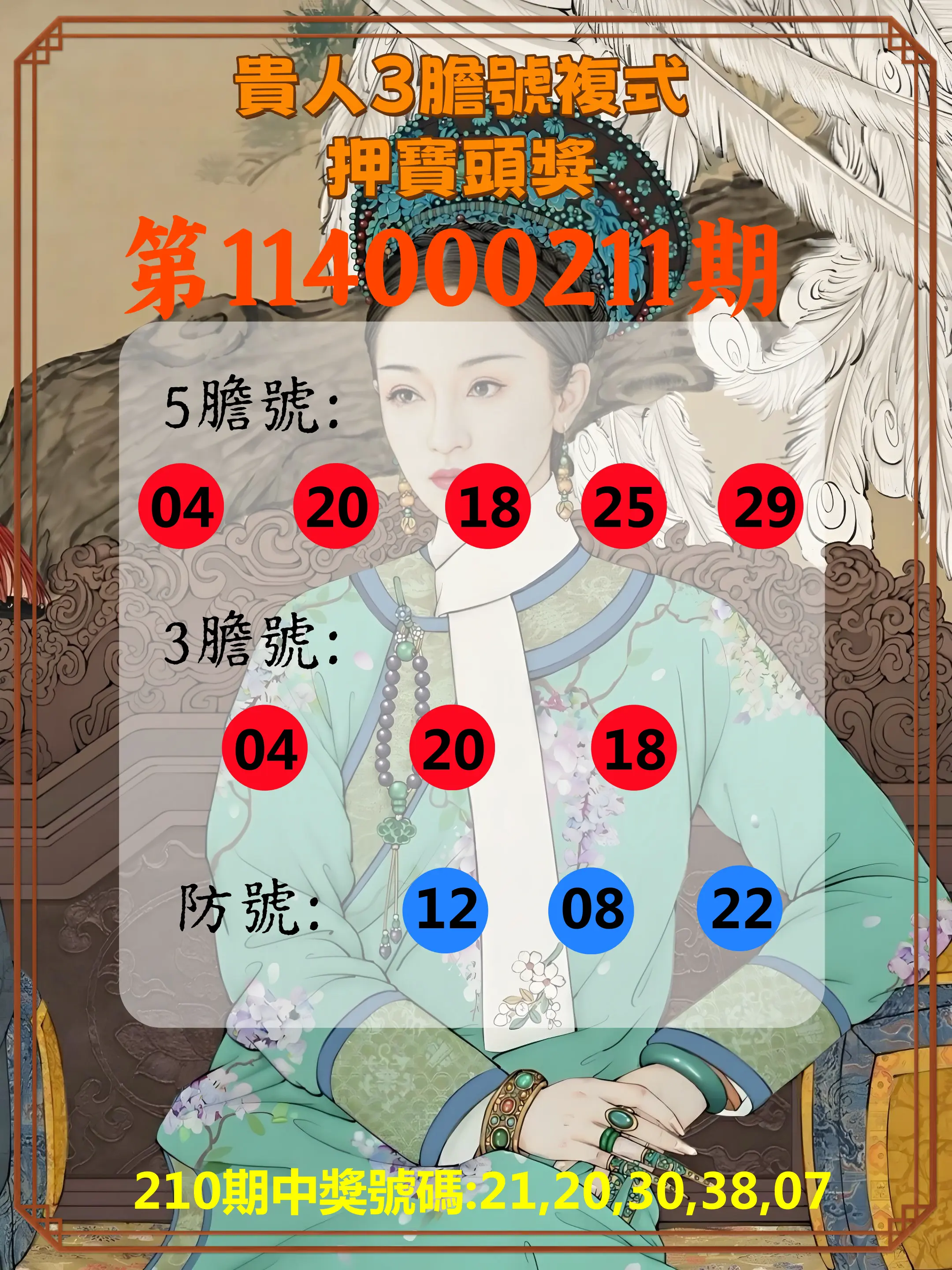 今彩539第114000211期(08/30)貴人3膽號複式押寶頭獎