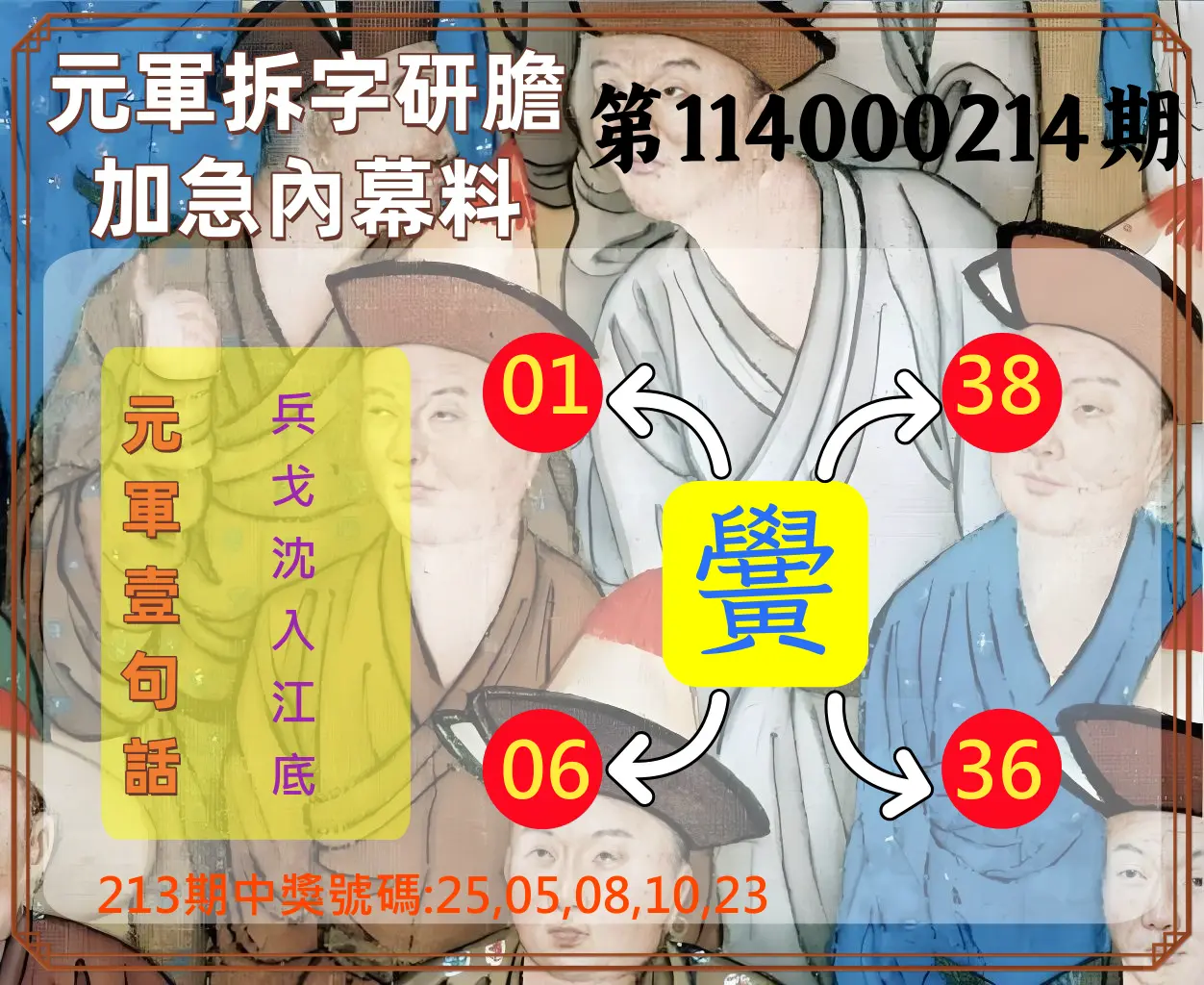 今彩539第114000214期(09/03)元軍拆字研膽加急內幕料