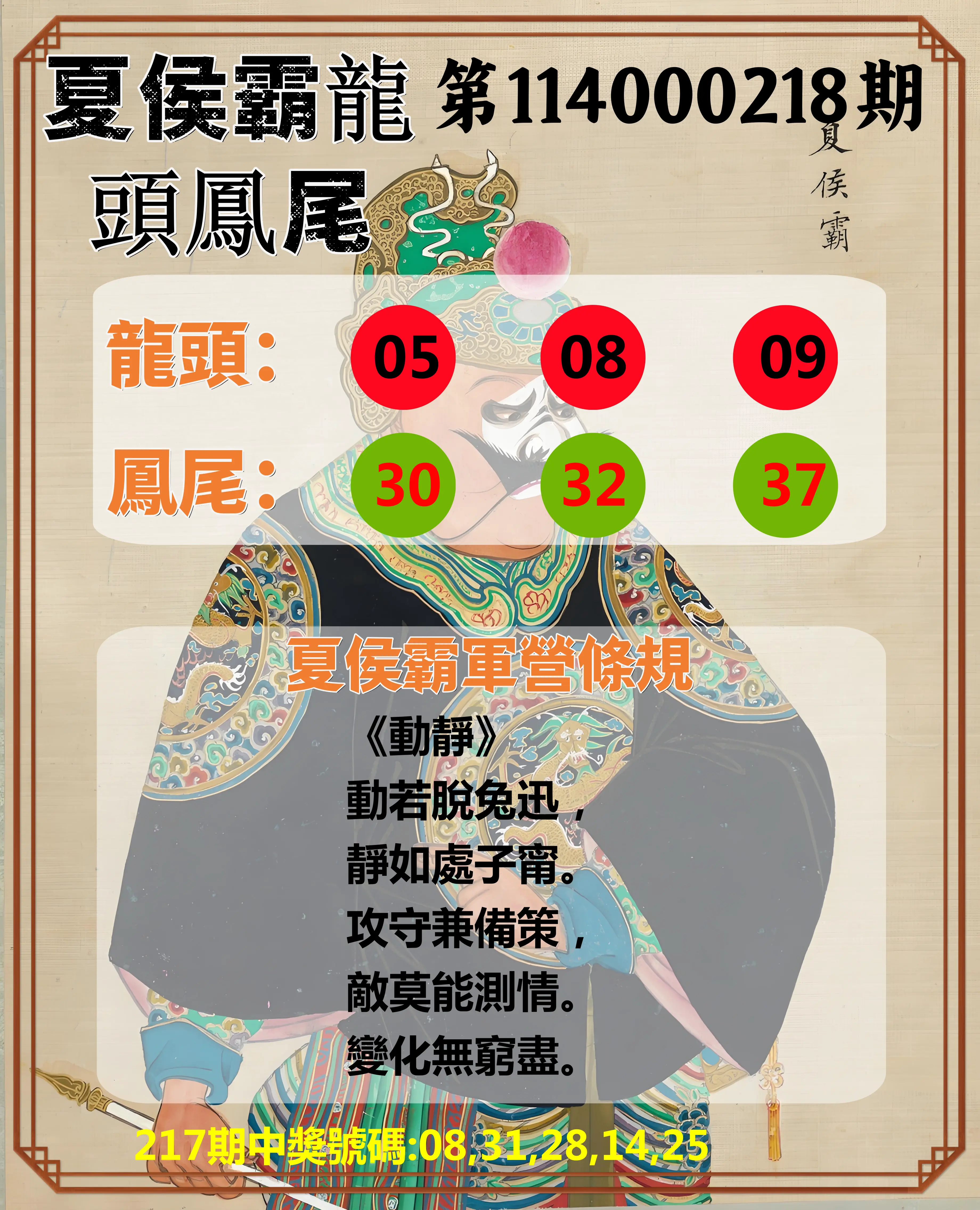 今彩539第114000218期(09/08)夏侯霸龍頭鳳尾
