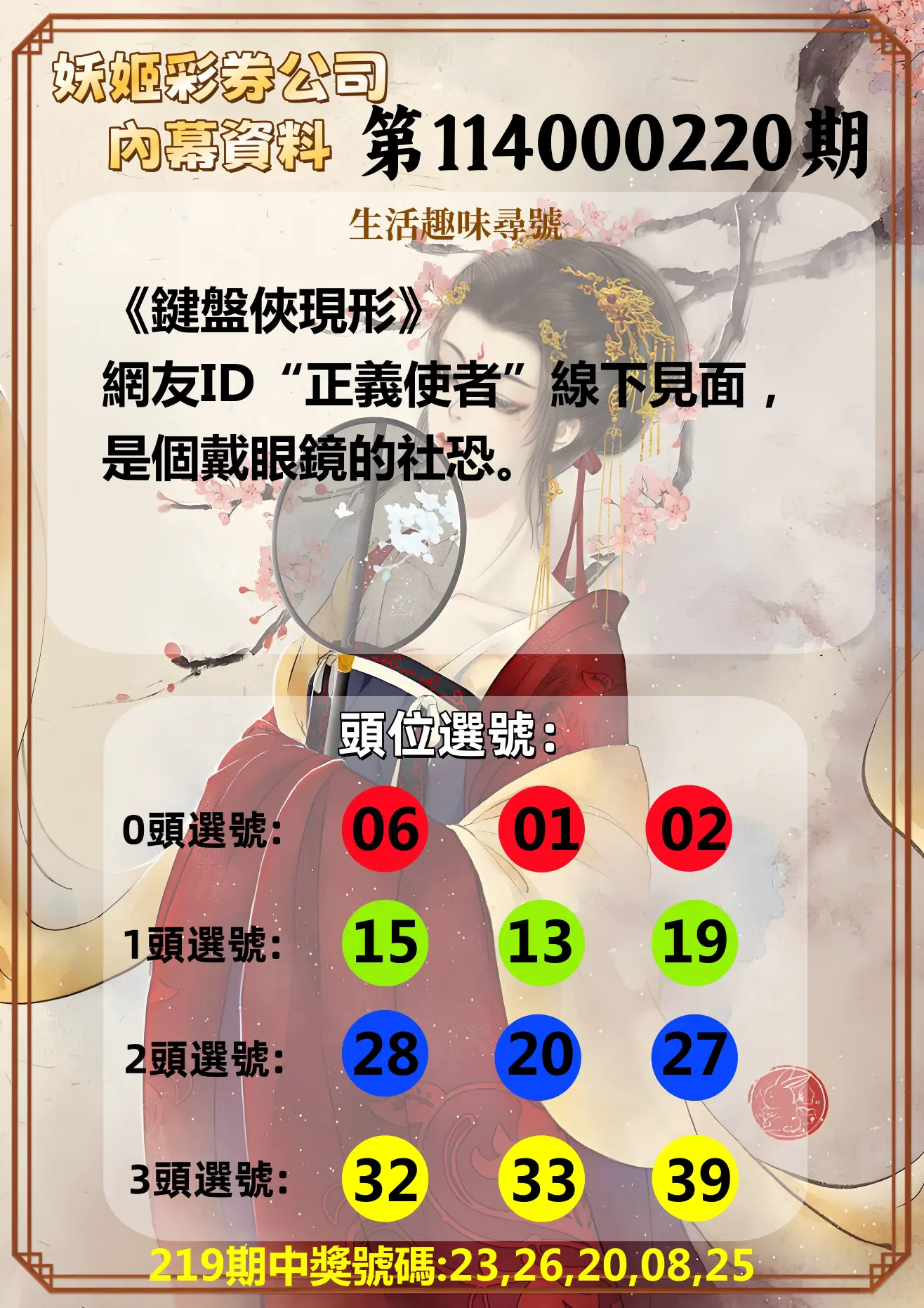 今彩539第114000220期(09/10)妖姬彩券公司內幕資料