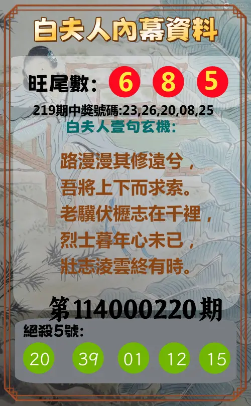 今彩539第114000220期(09/10)白夫人內幕資料