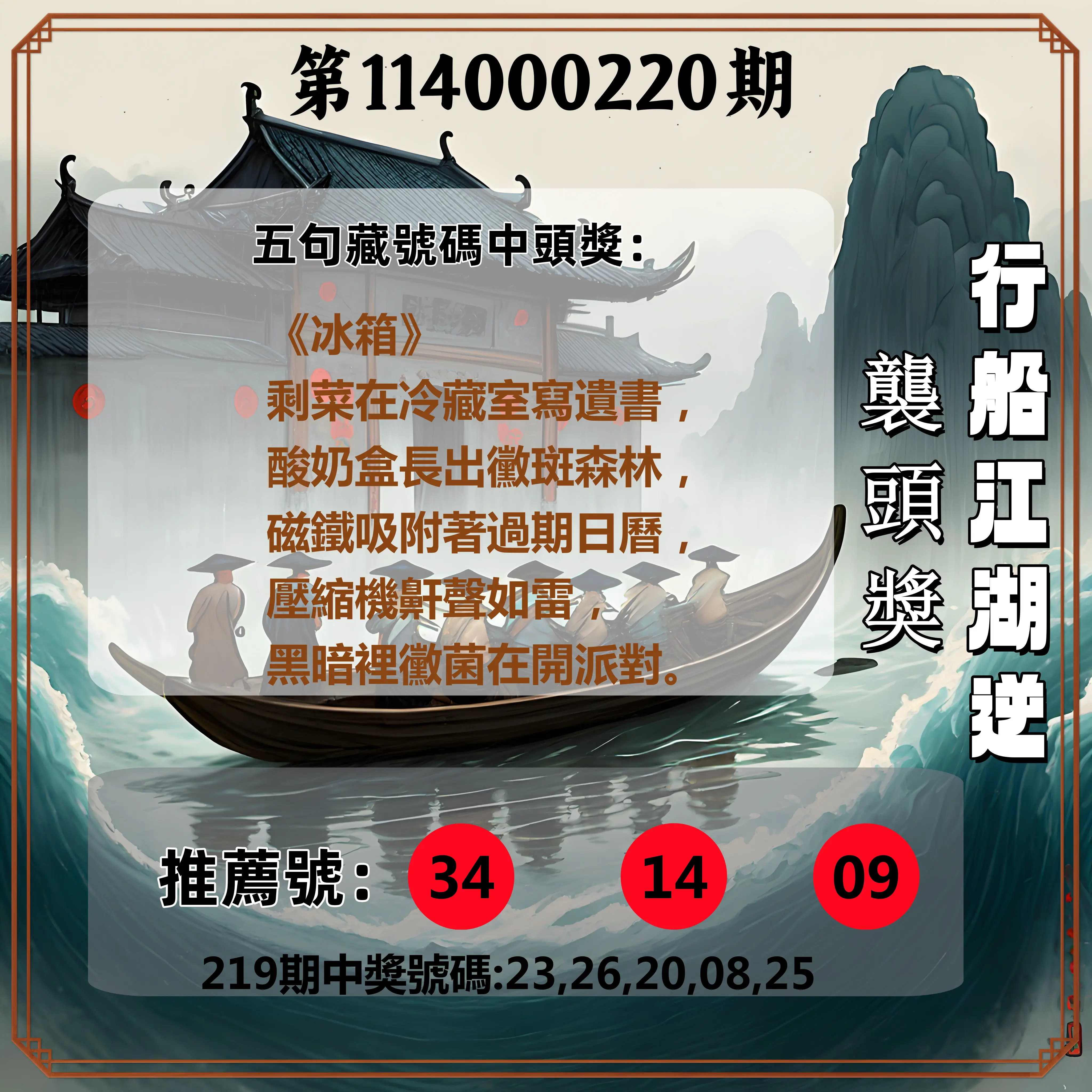 今彩539第114000220期(09/10)行船江湖逆襲頭獎