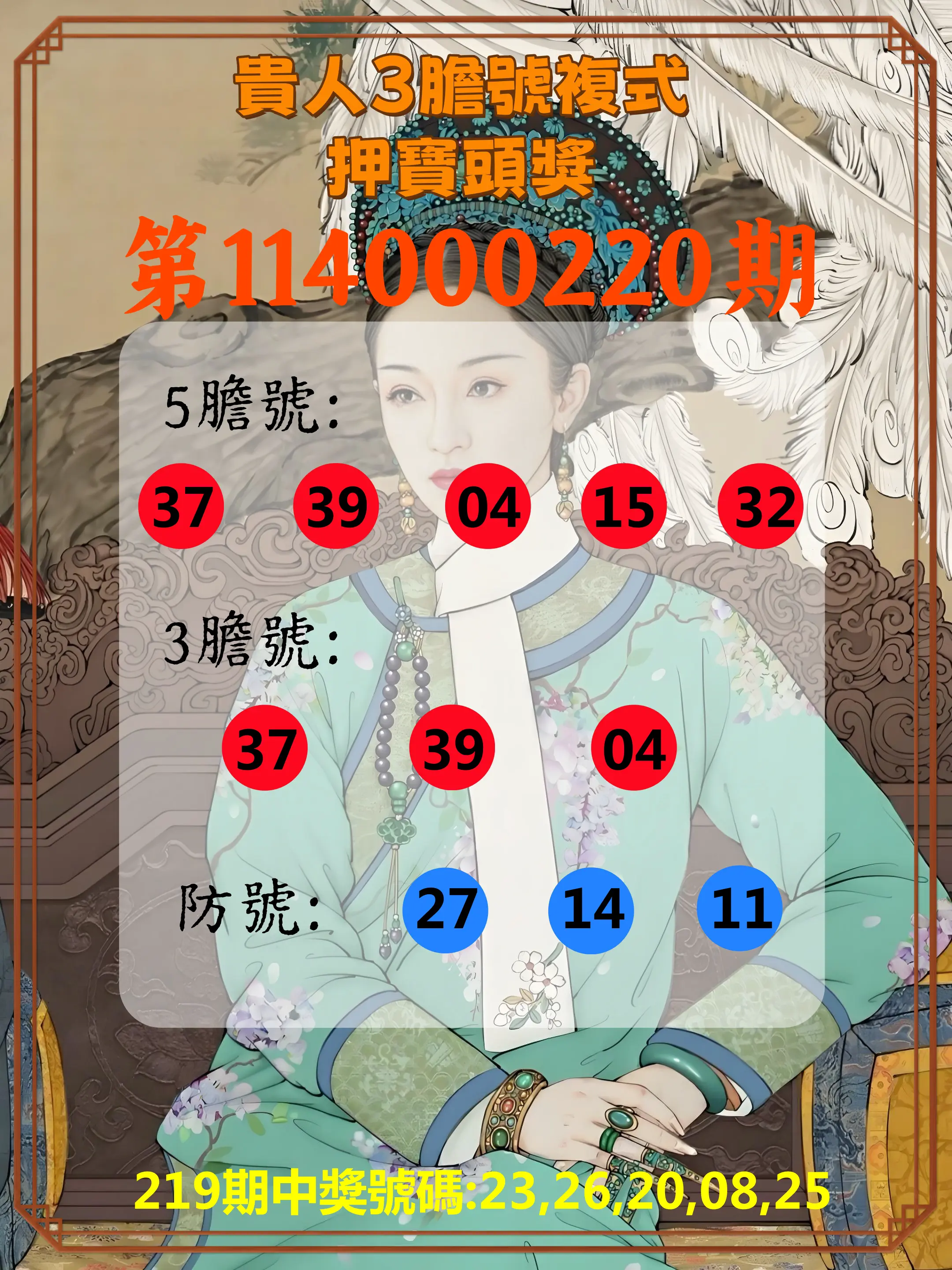 今彩539第114000220期(09/10)貴人3膽號複式押寶頭獎