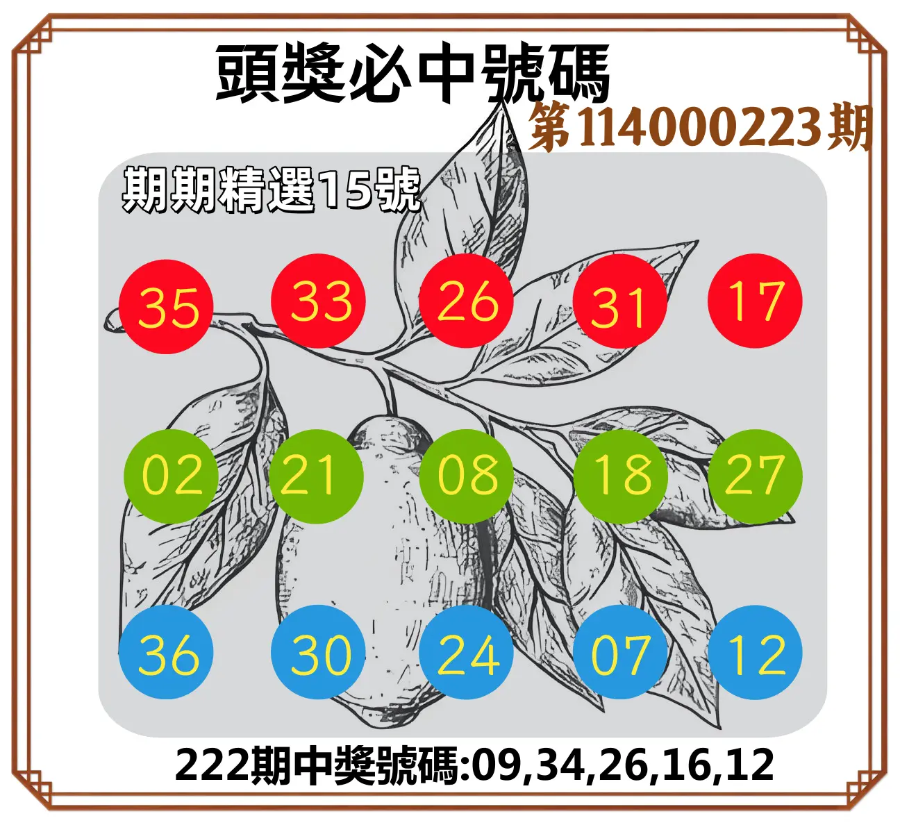 今彩539第114000223期(09/13)頭獎號碼