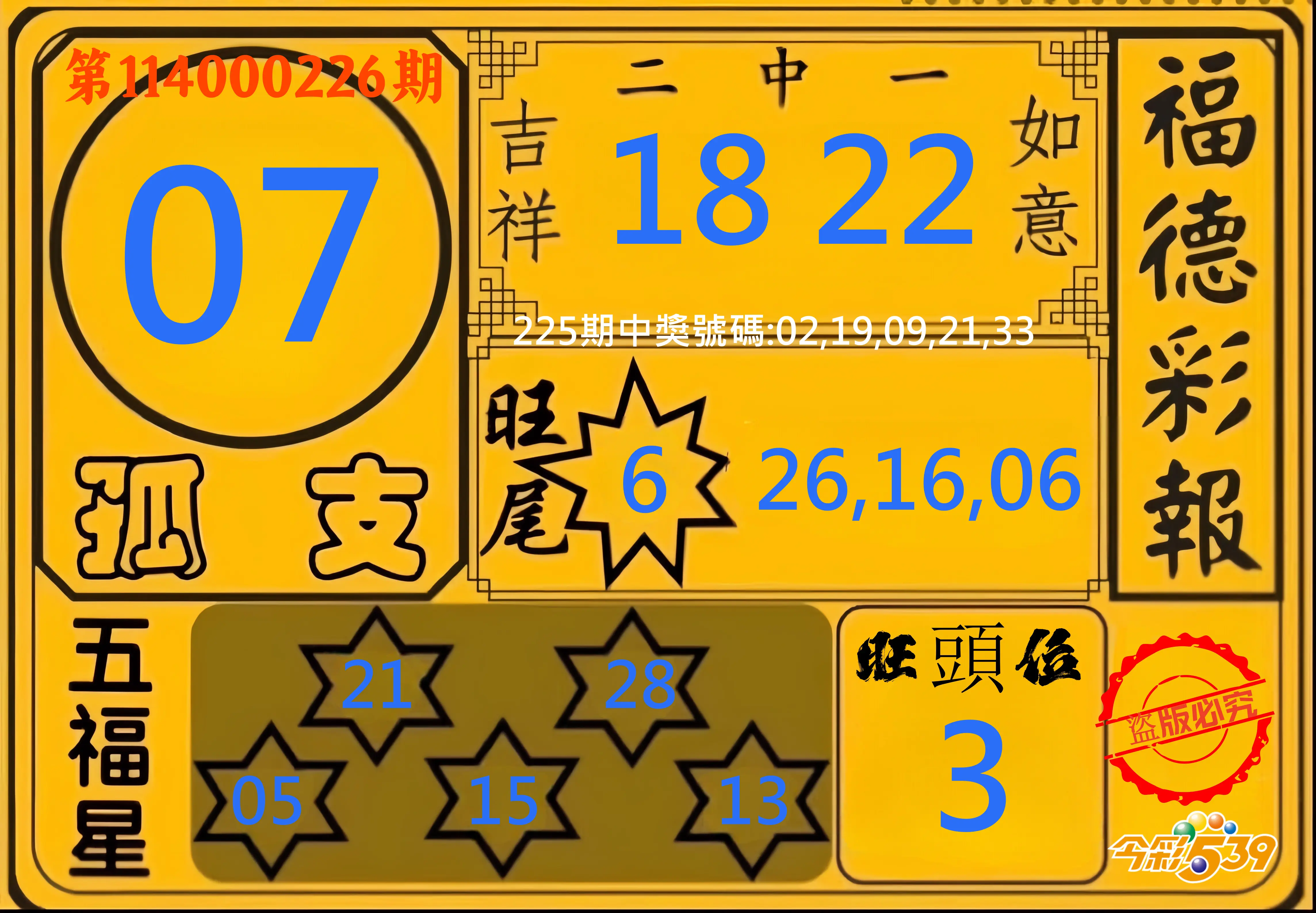 今彩539第114000226期(09/17)今彩539德福彩報牌預測