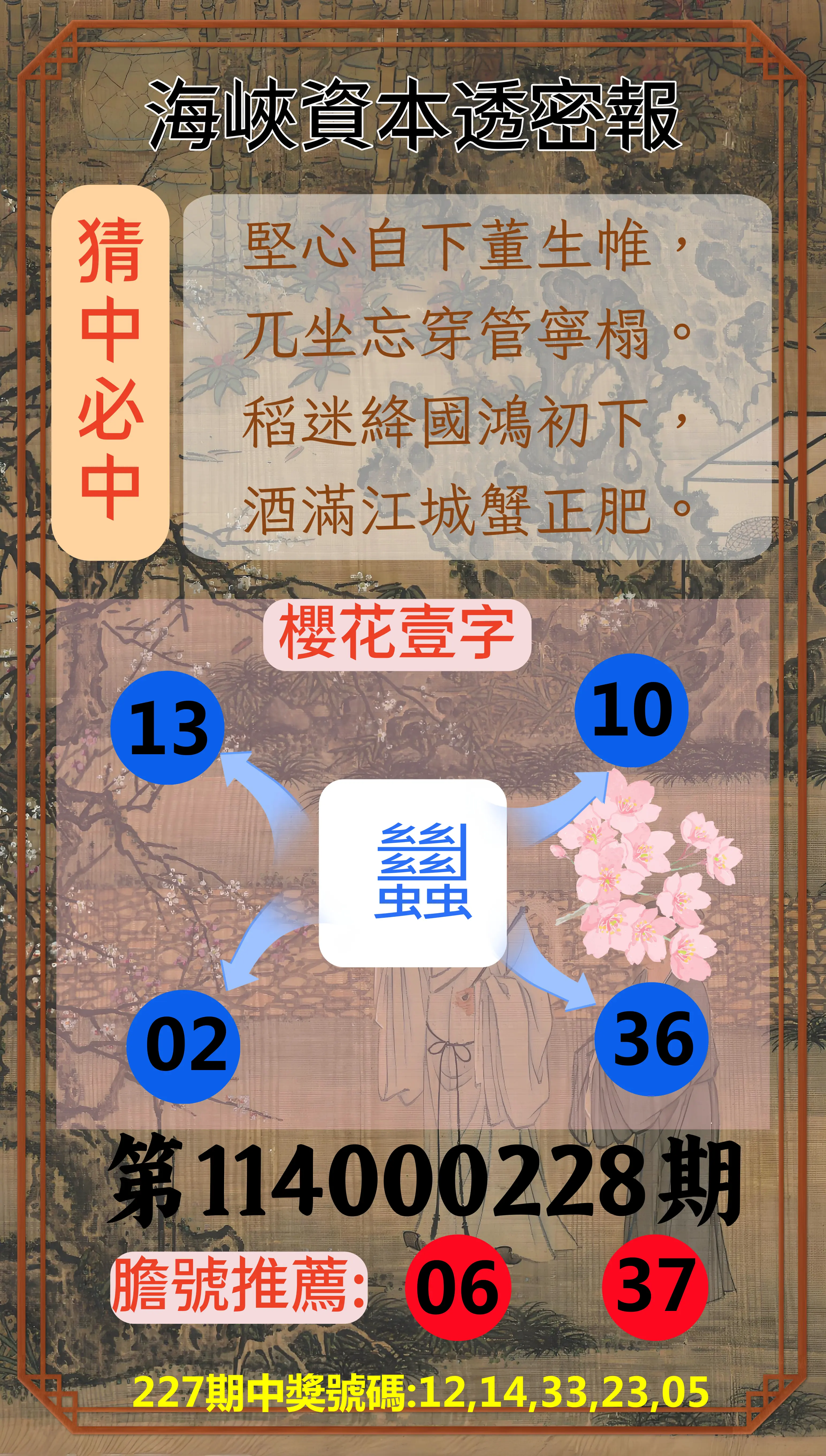 今彩539第114000228期(09/19)海峽資本透密報