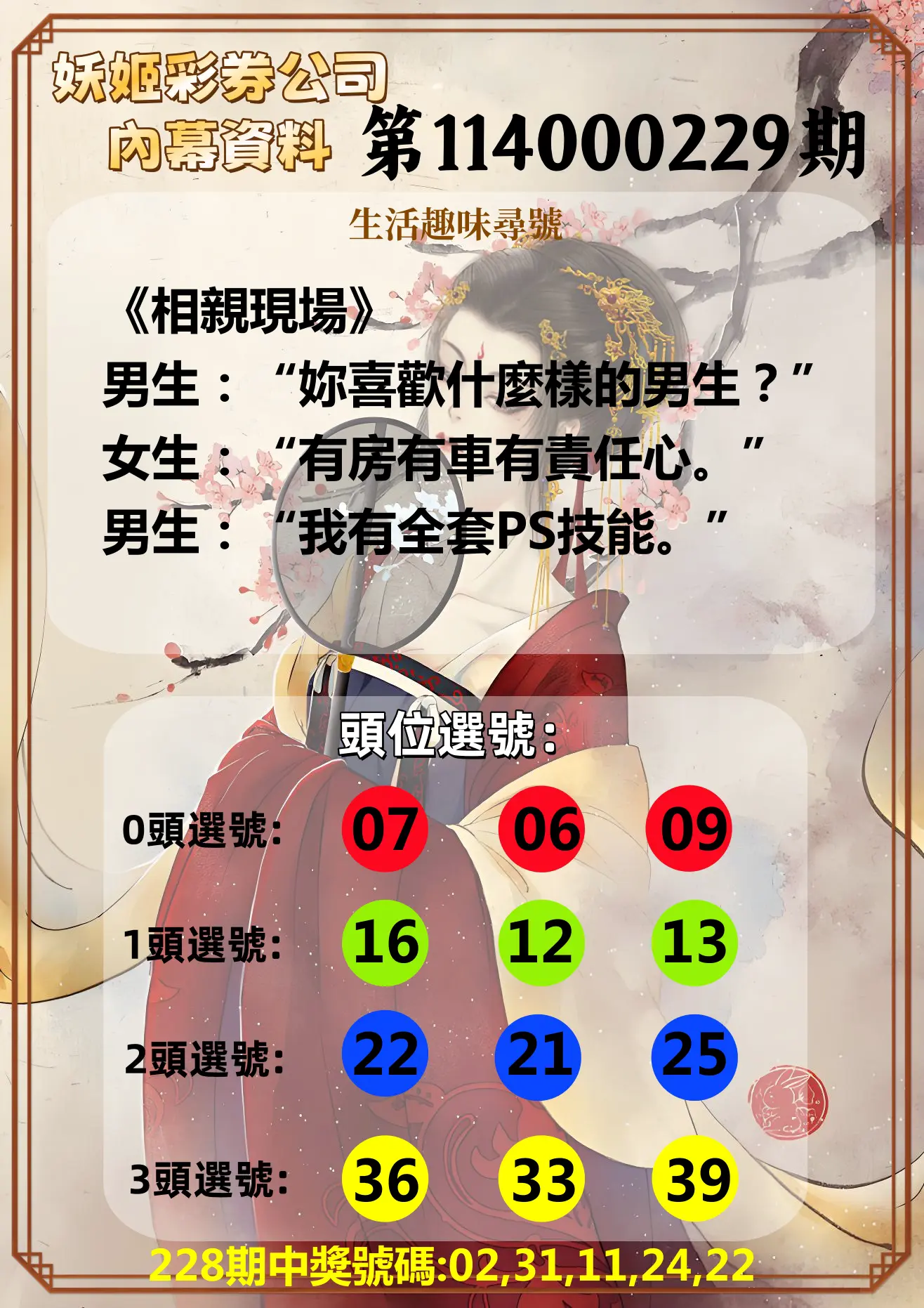 今彩539第114000229期(09/20)妖姬彩券公司內幕資料