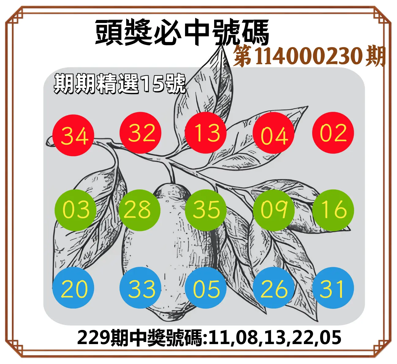 今彩539第114000230期(09/22)頭獎號碼