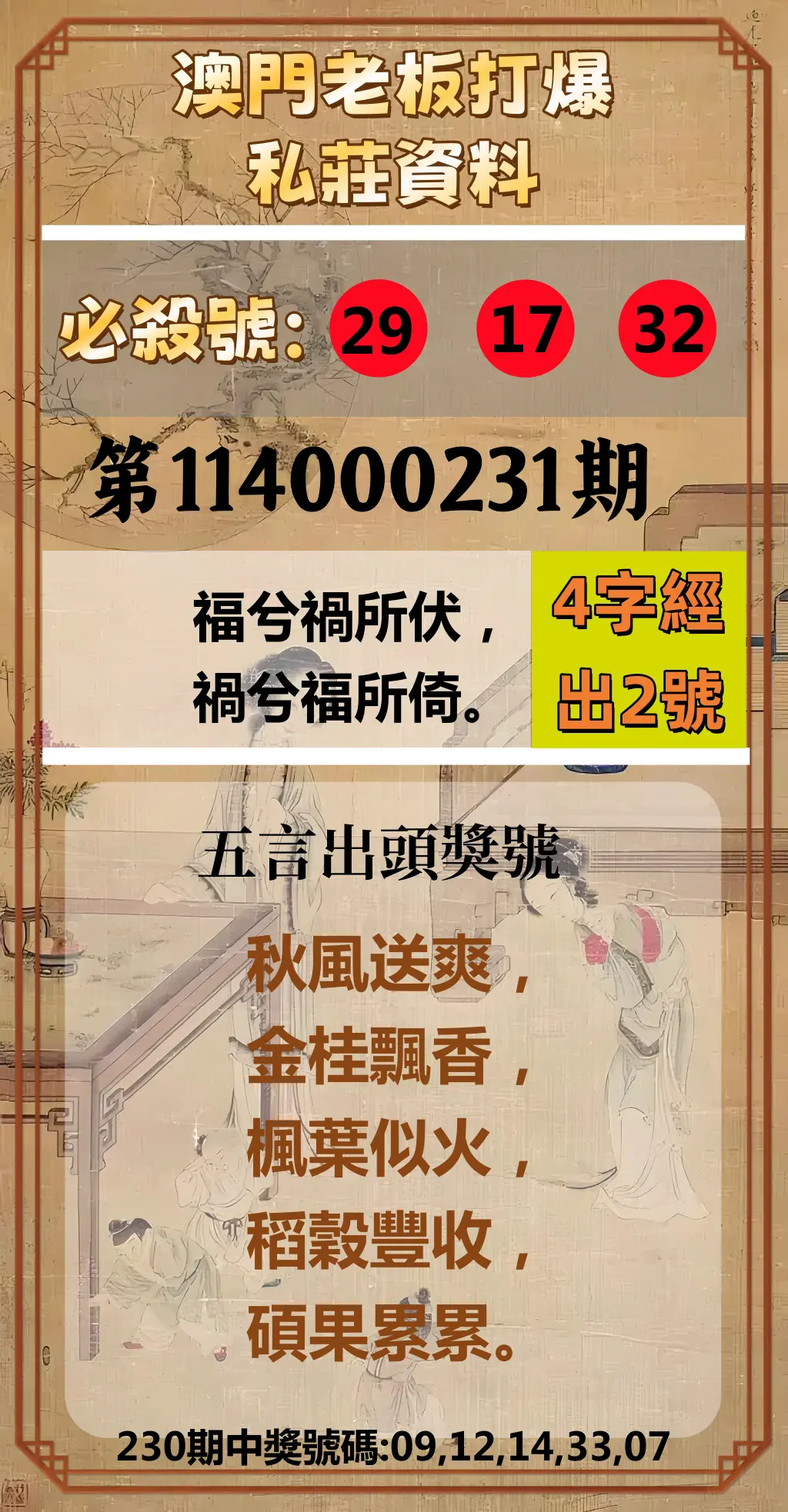 今彩539第114000231期(09/23)澳門老板打爆私莊資料