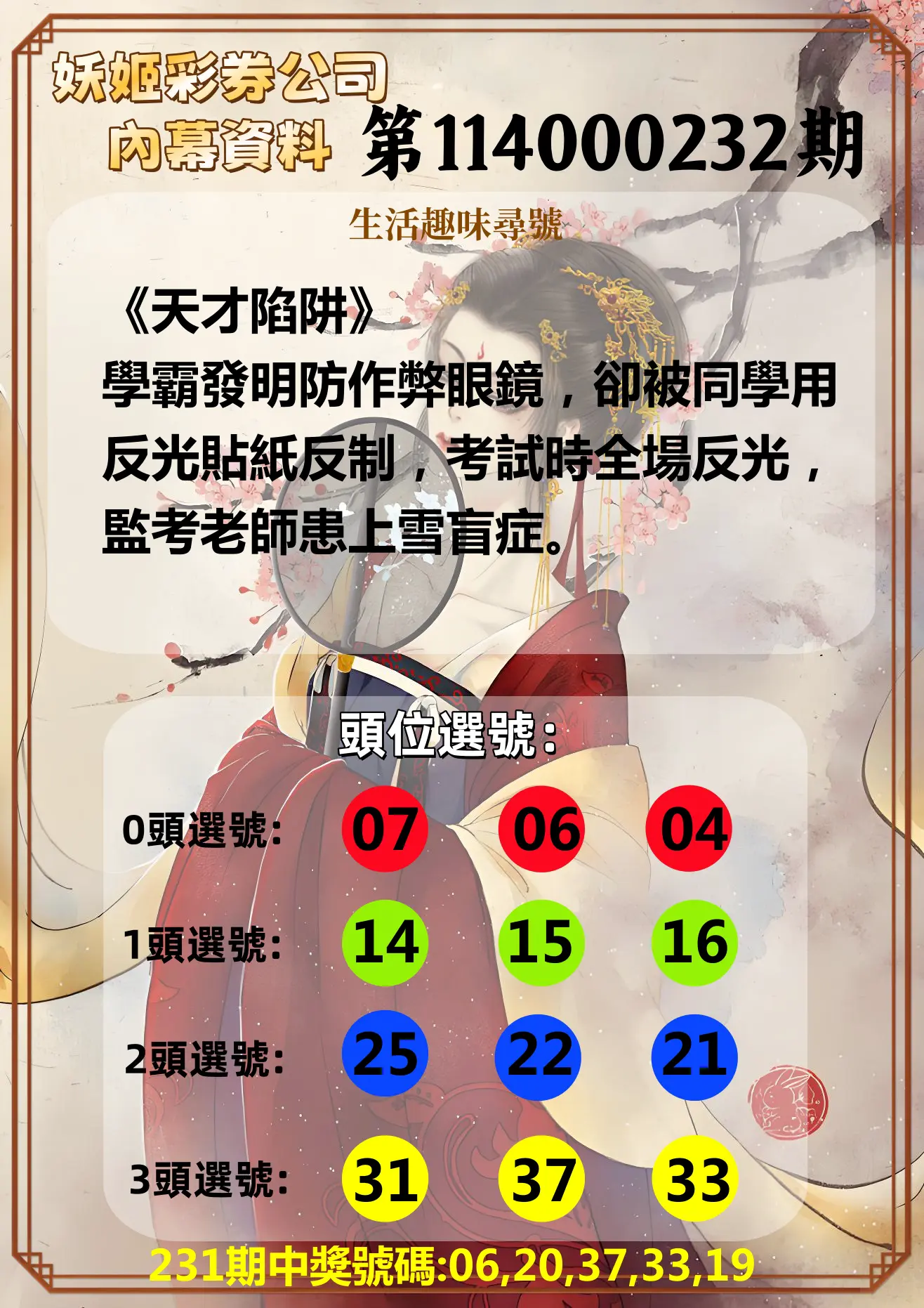 今彩539第114000232期(09/24)妖姬彩券公司內幕資料