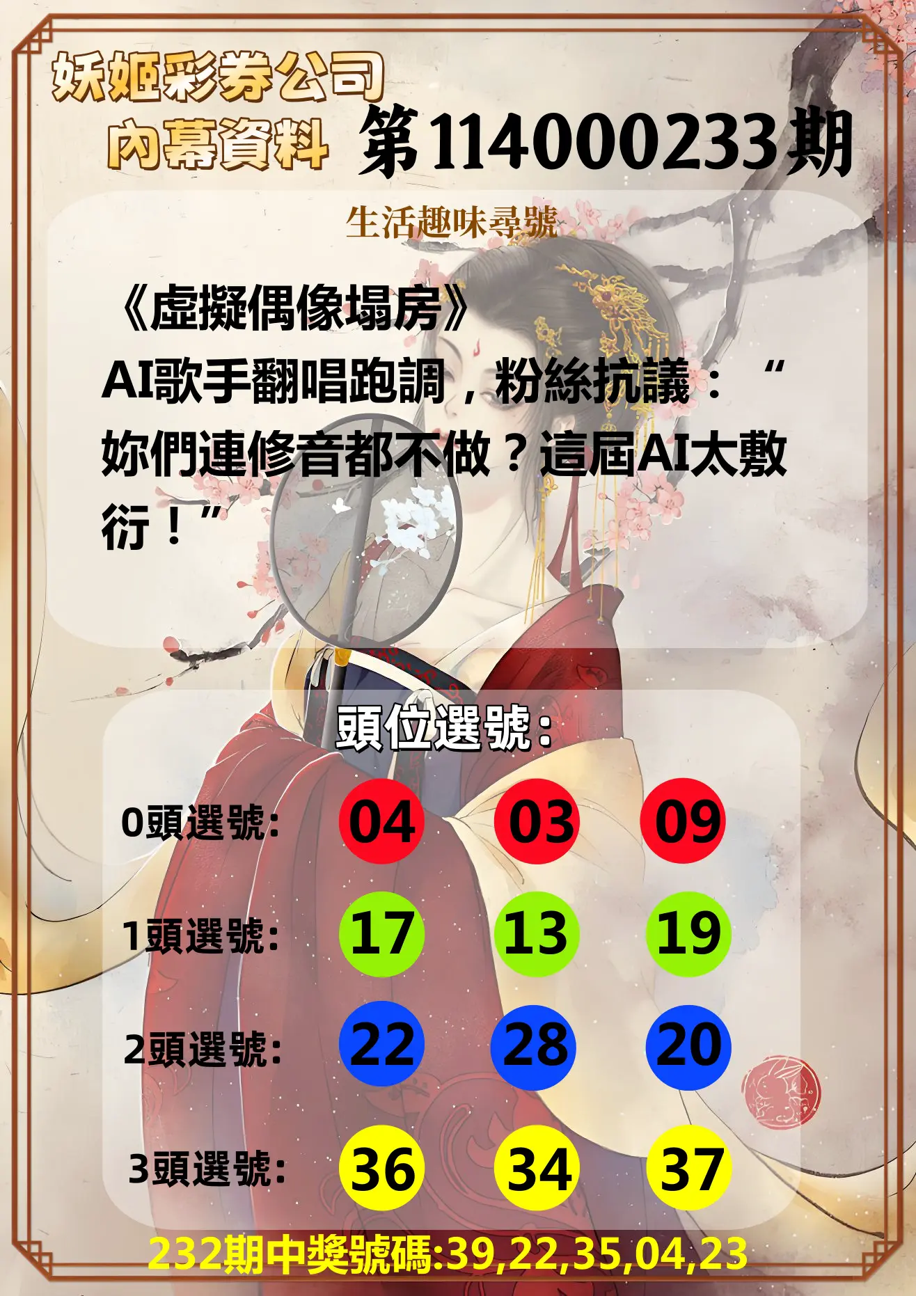 今彩539第114000233期(09/25)妖姬彩券公司內幕資料