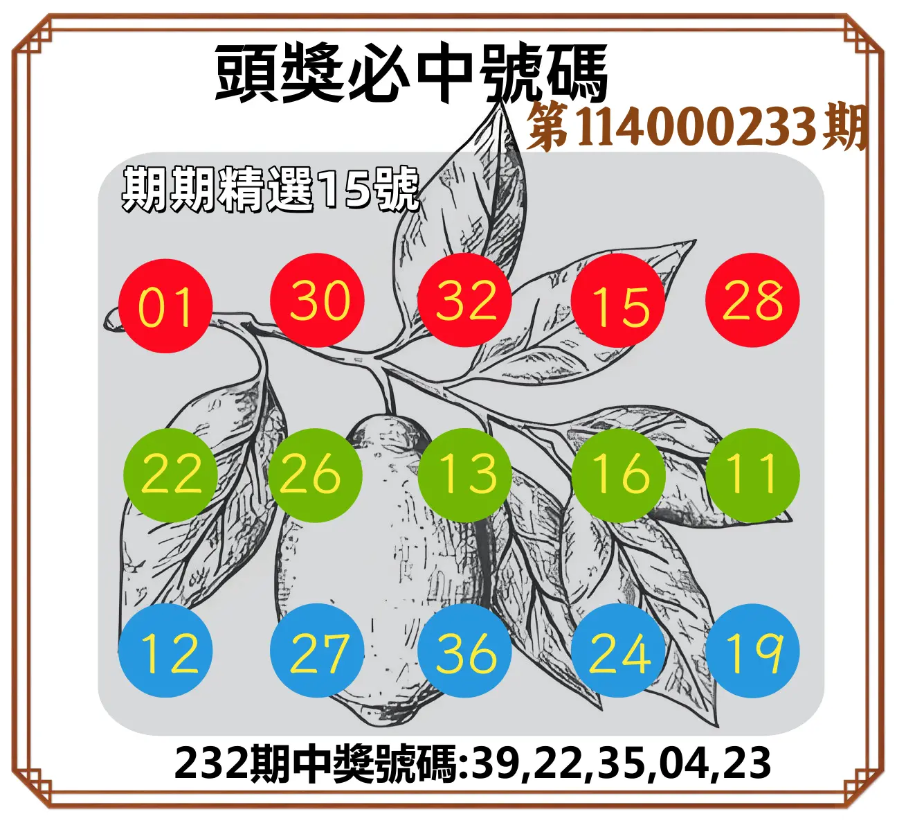 今彩539第114000233期(09/25)頭獎號碼