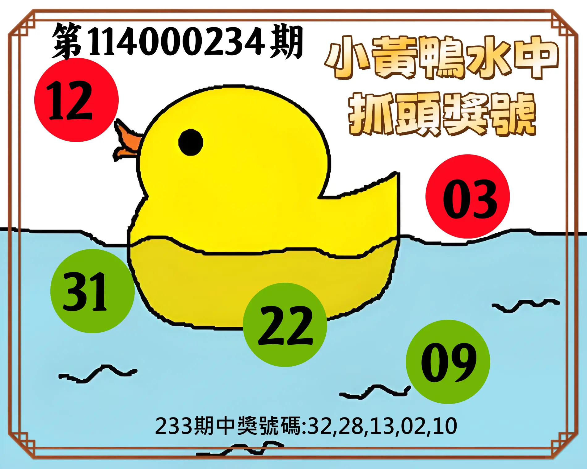 今彩539第114000234期(09/26)小黃鴨水中抓頭獎號