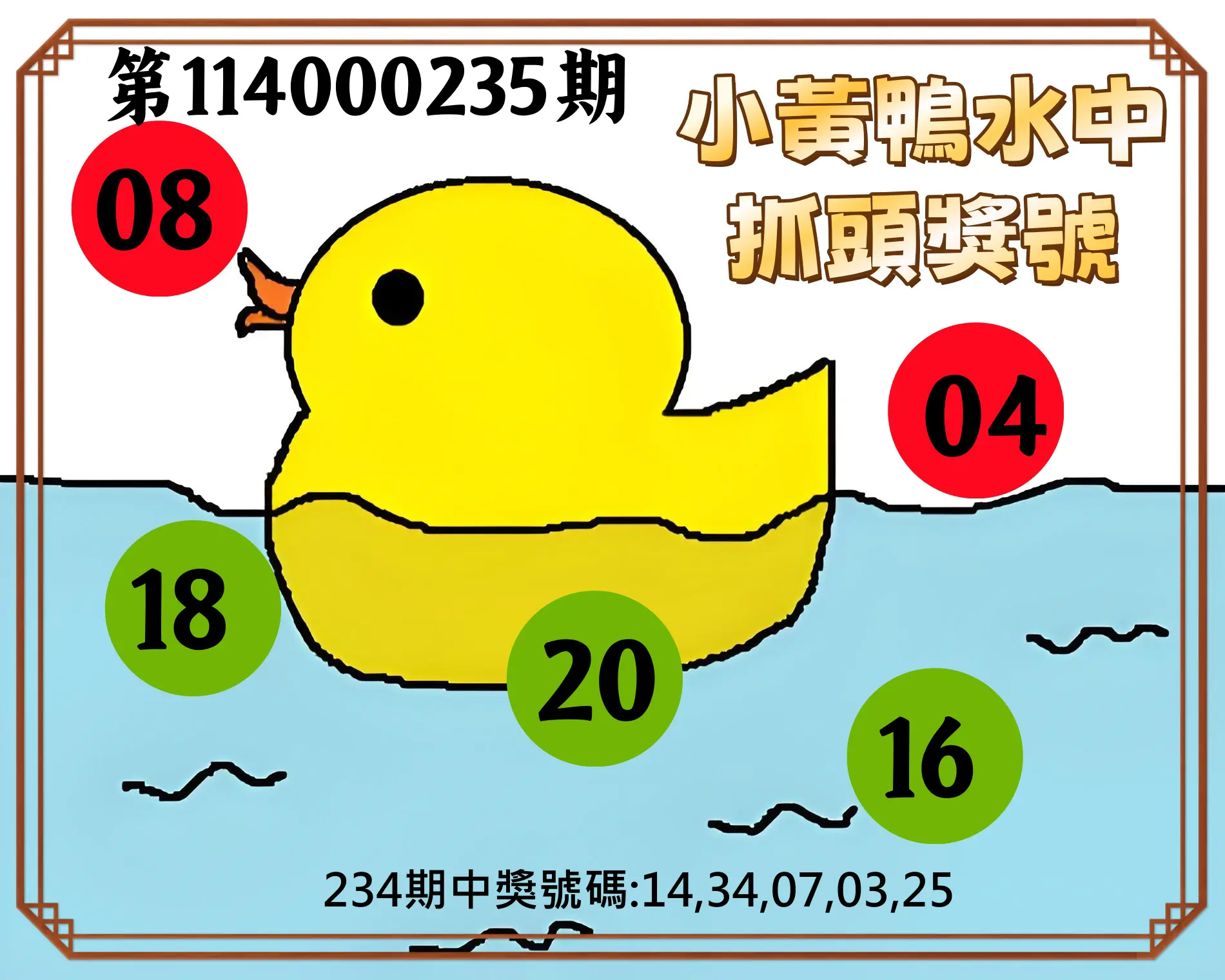 今彩539第114000235期(09/27)小黃鴨水中抓頭獎號