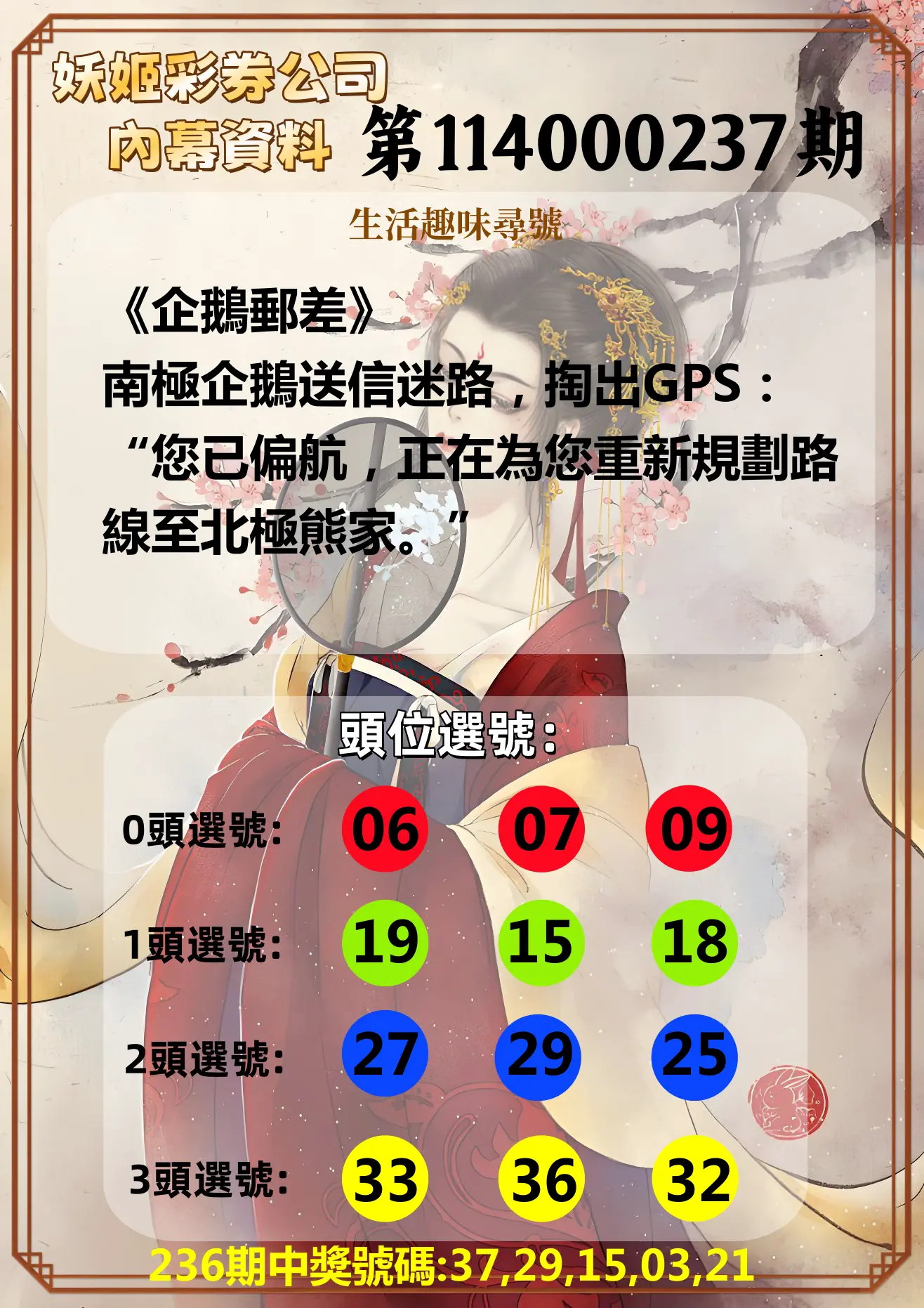 今彩539第114000237期(09/30)妖姬彩券公司內幕資料