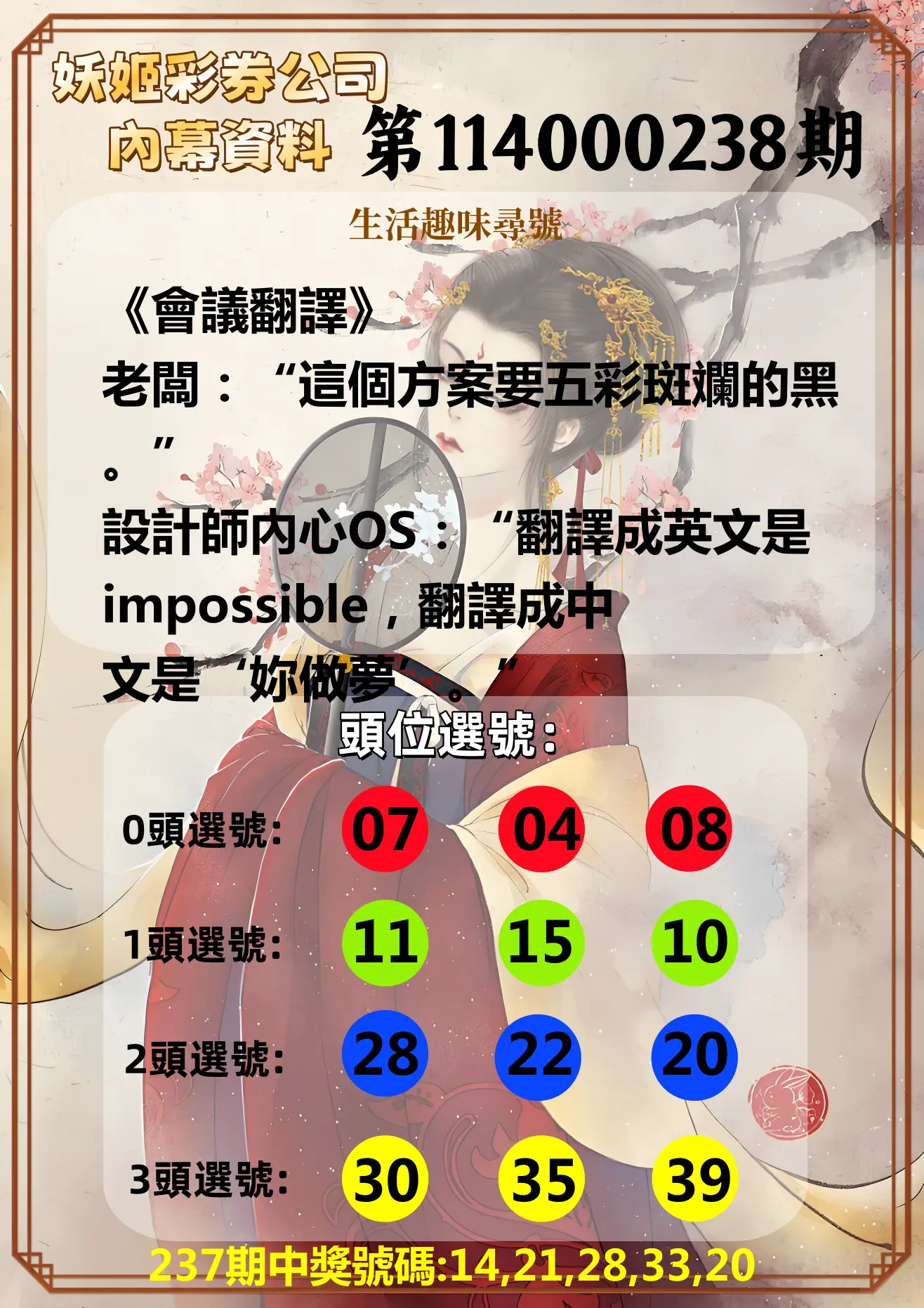 今彩539第114000238期(10/01)妖姬彩券公司內幕資料