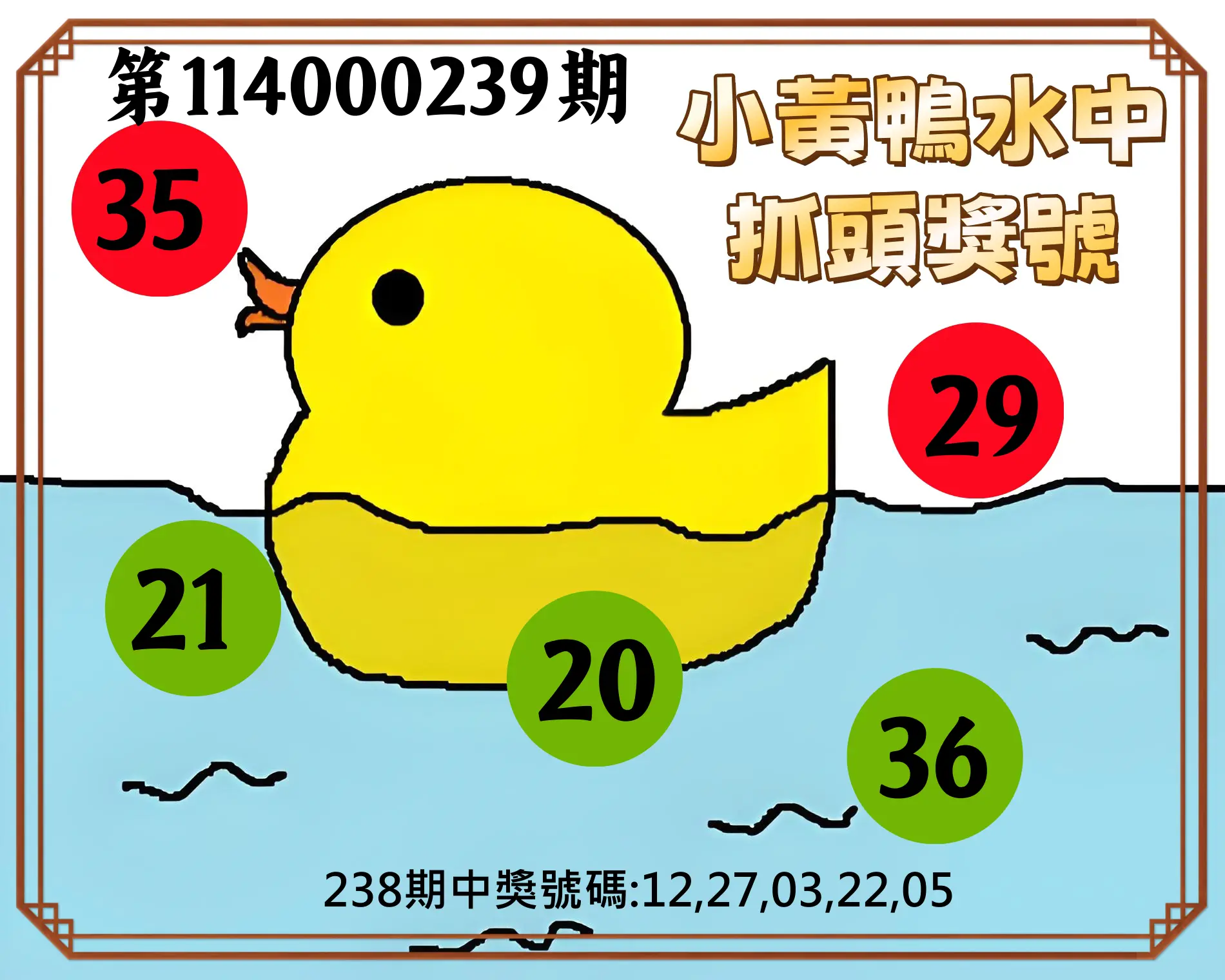 今彩539第114000239期(10/02)小黃鴨水中抓頭獎號