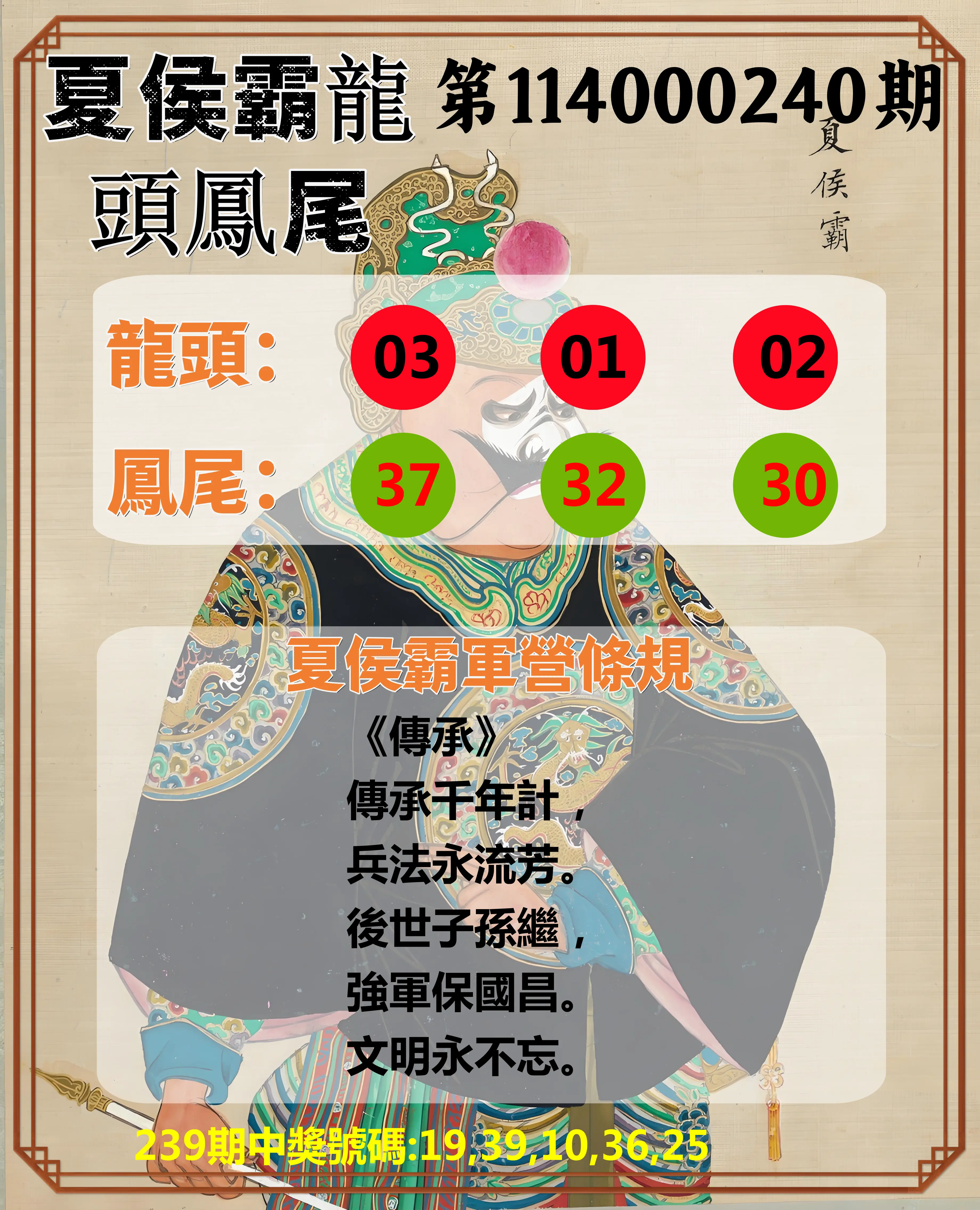 今彩539第114000240期(10/03)夏侯霸龍頭鳳尾