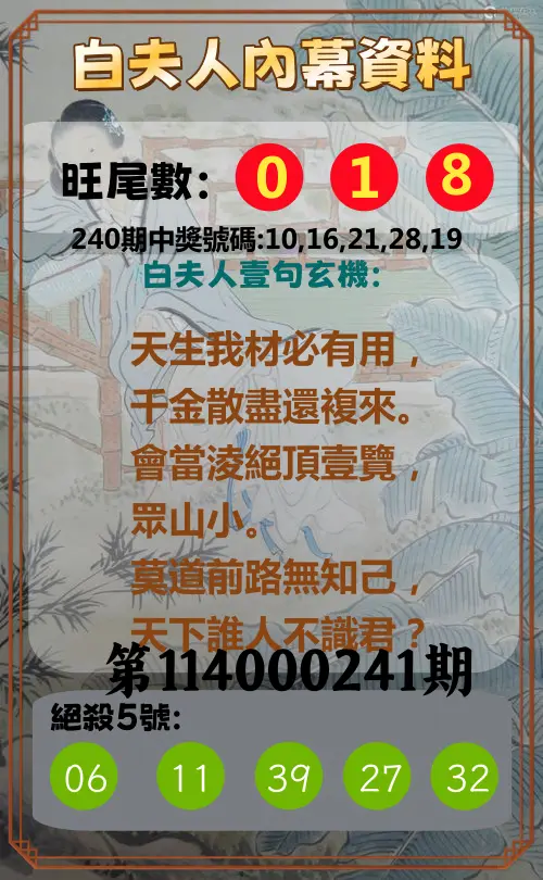 今彩539第114000241期(10/04)白夫人內幕資料