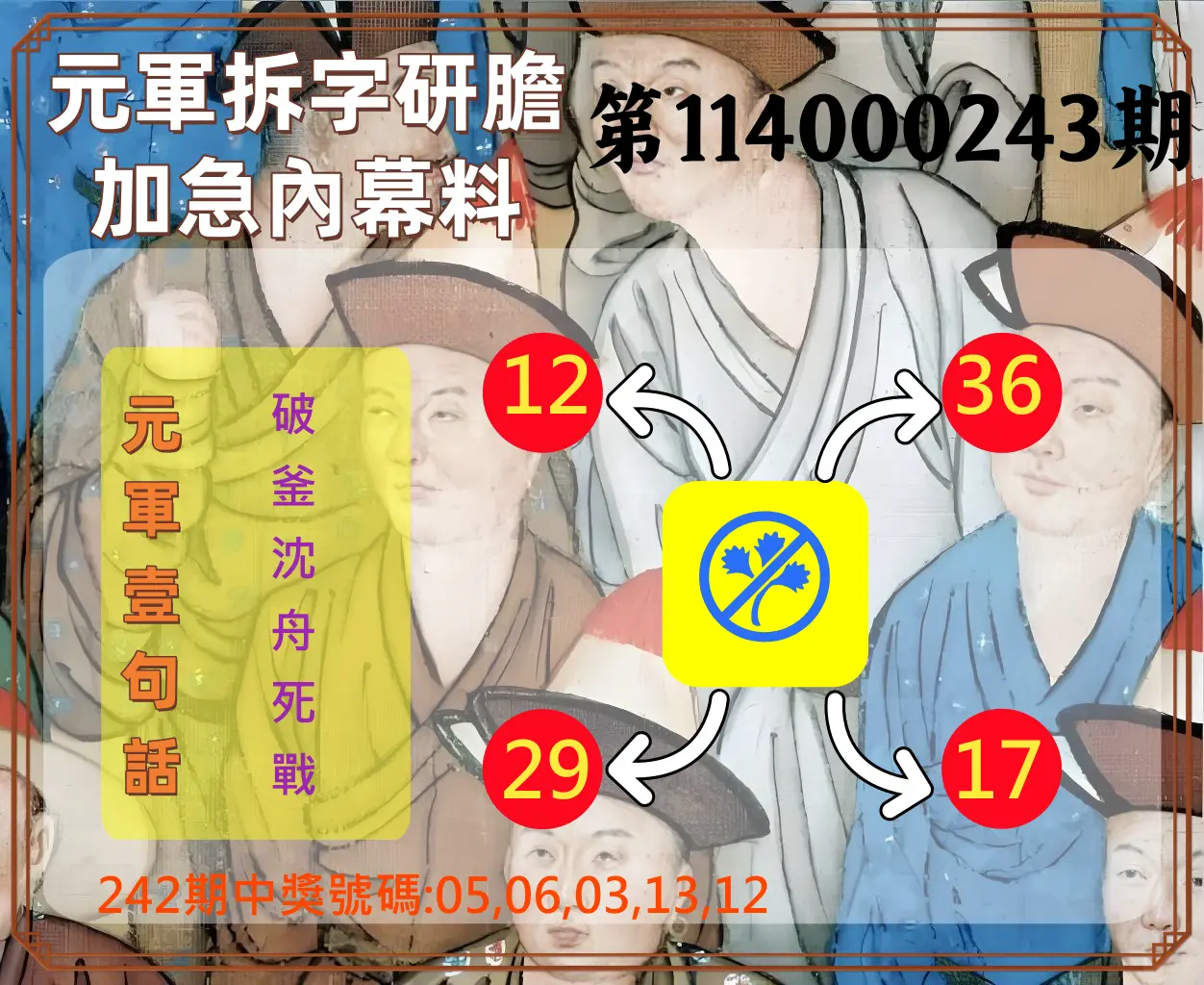 今彩539第114000243期(10/07)元軍拆字研膽加急內幕料