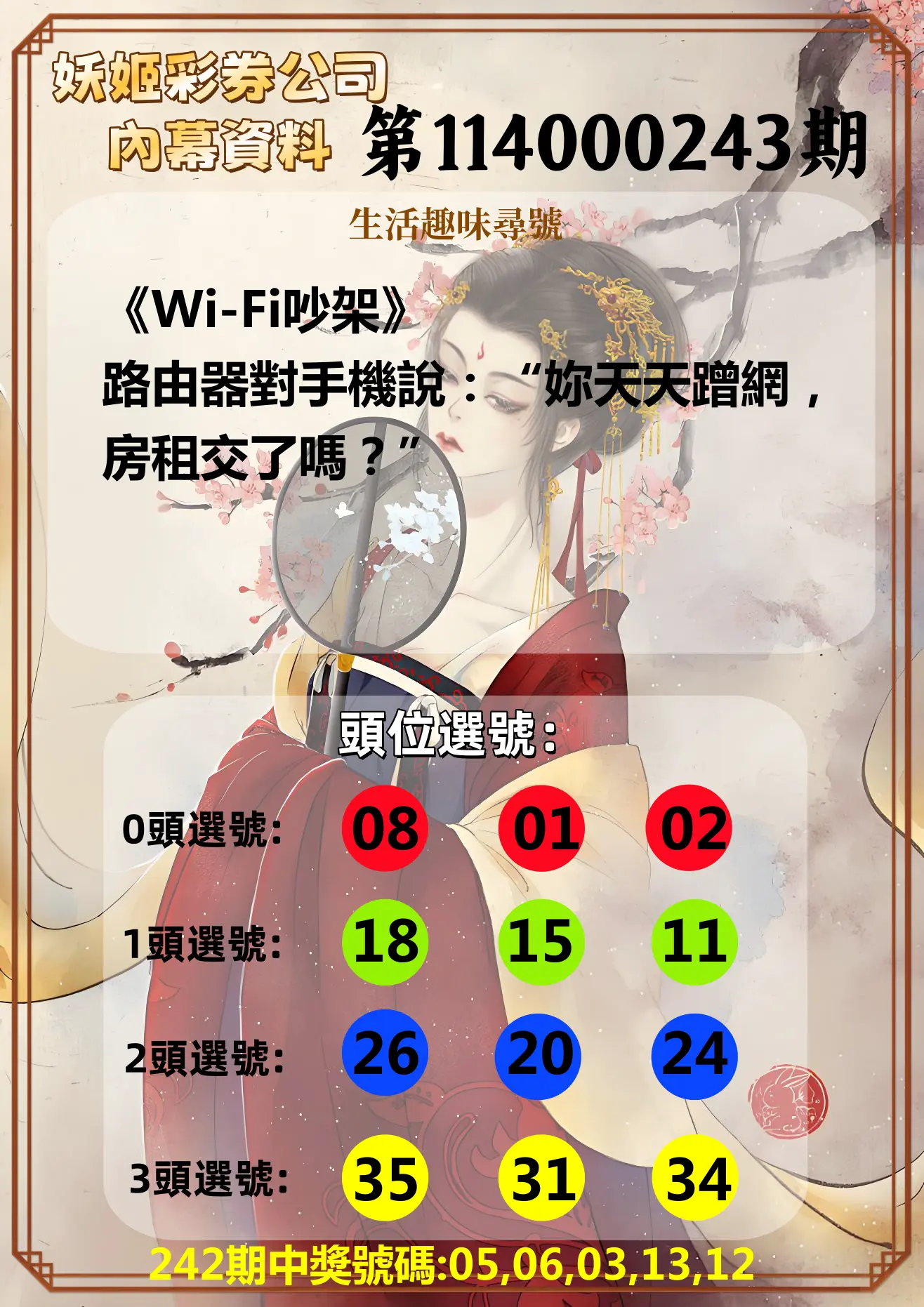 今彩539第114000243期(10/07)妖姬彩券公司內幕資料