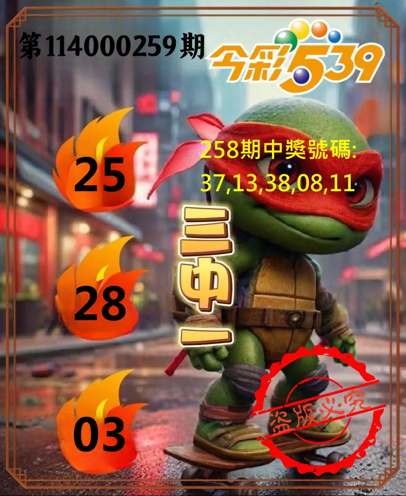 今彩539第114000259期(10/25)今彩539青蛙王子三中壹牌號預測