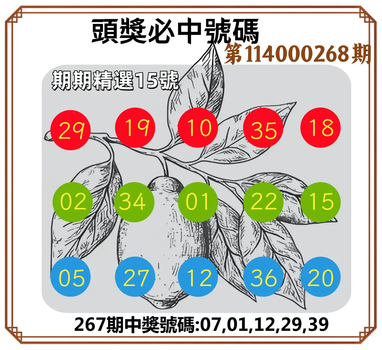 今彩539第114000268期(11/05)頭獎號碼