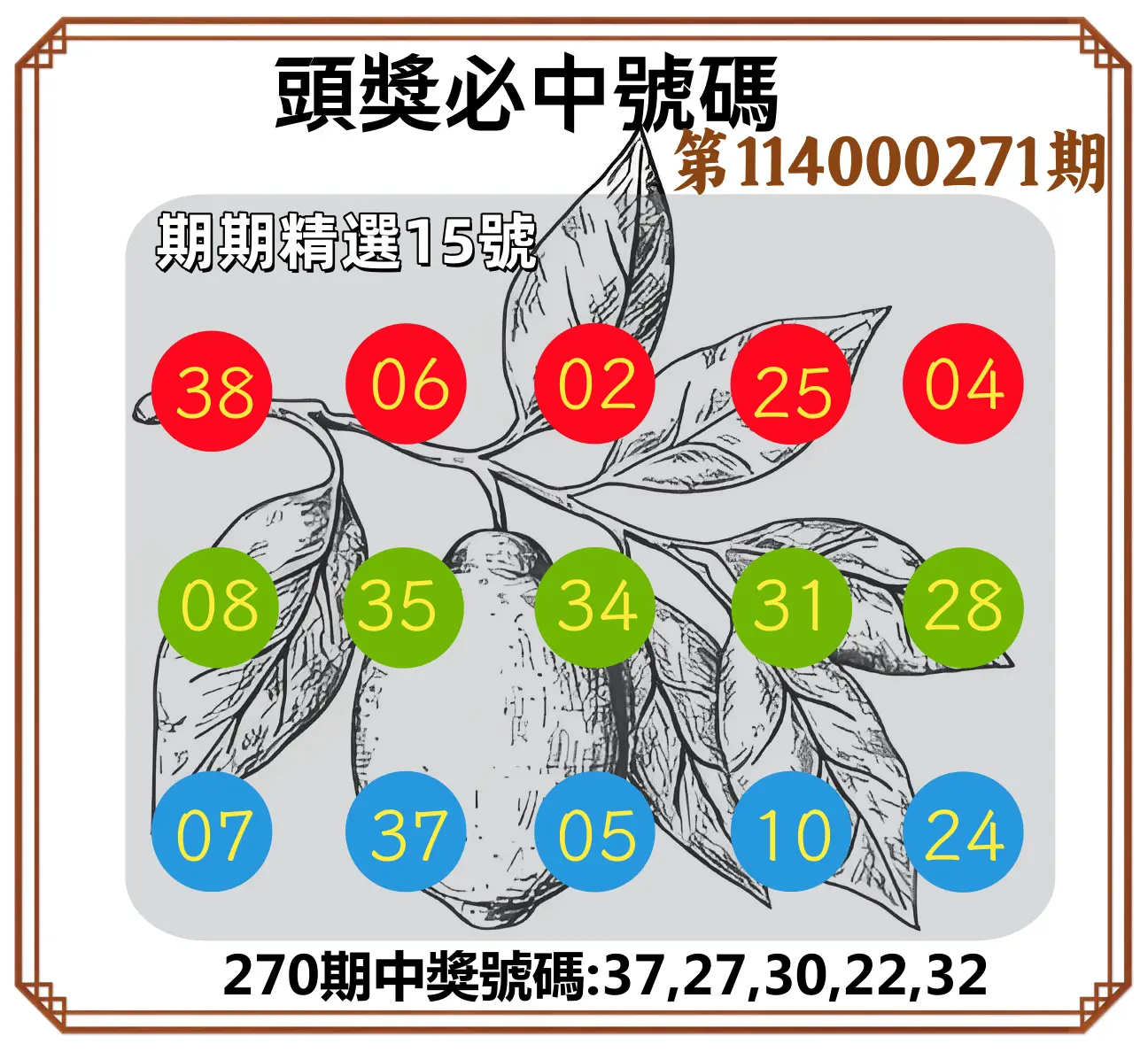 今彩539第114000271期(11/08)頭獎號碼