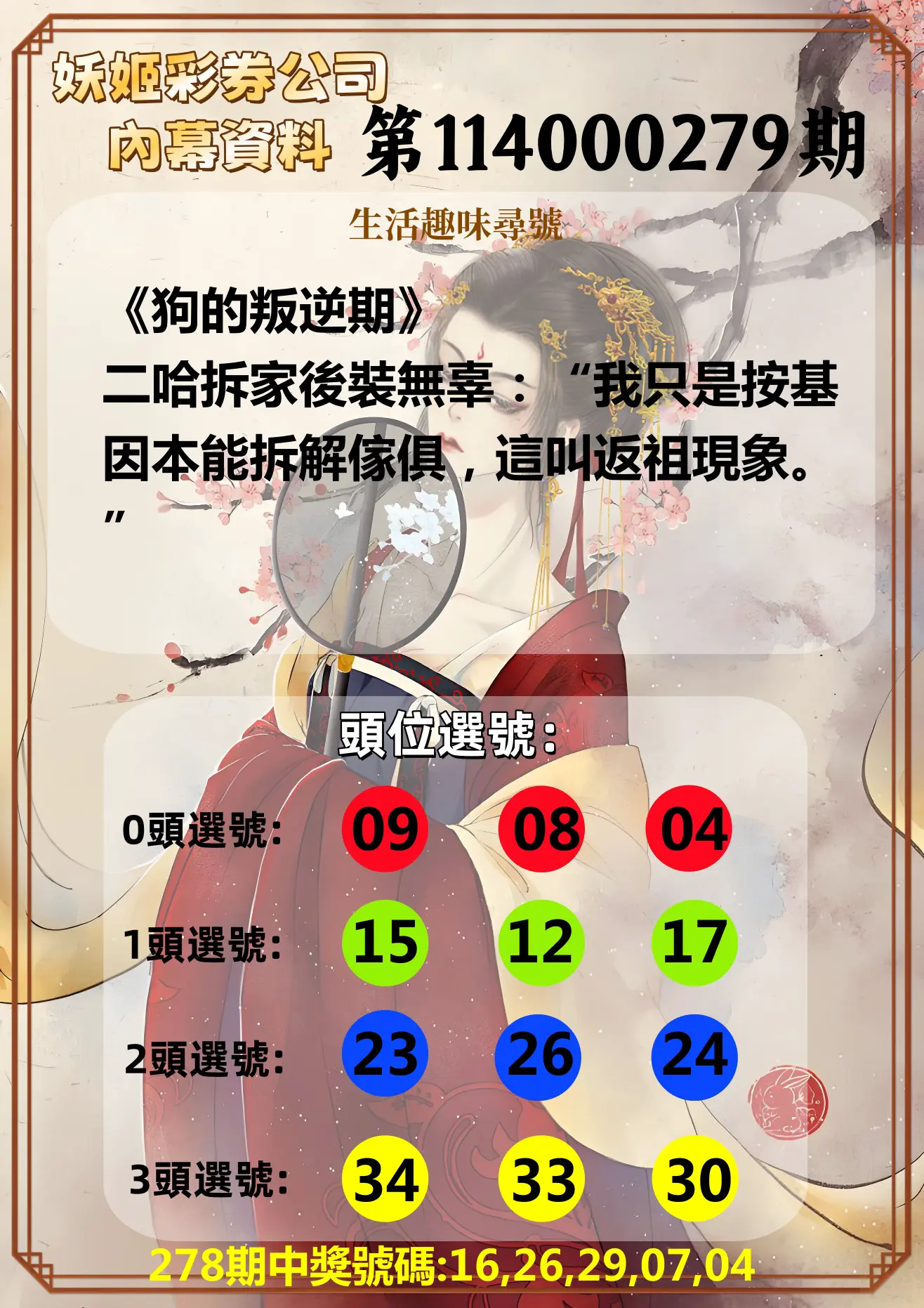 今彩539第114000279期(11/18)妖姬彩券公司內幕資料