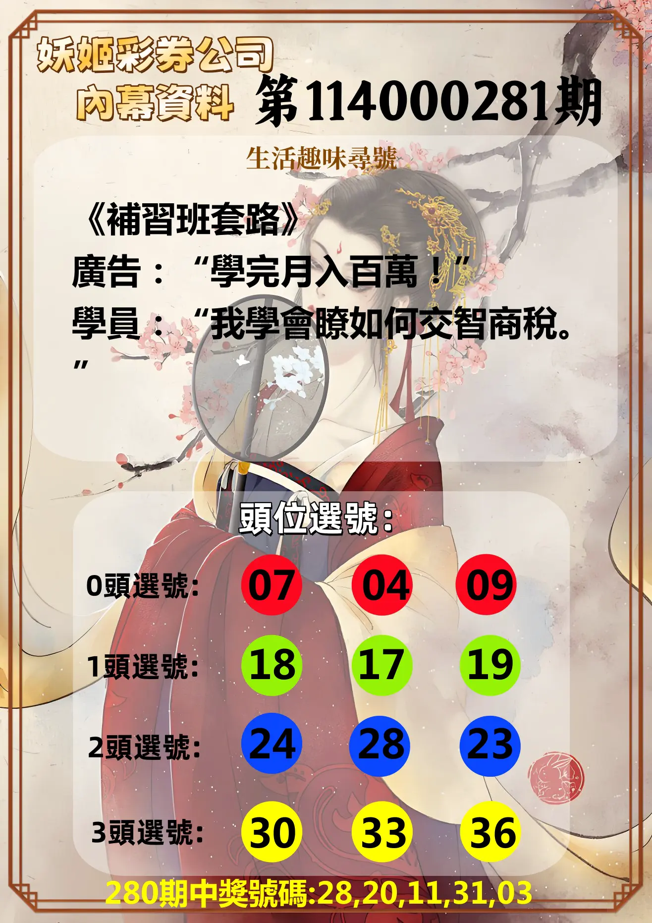 今彩539第114000281期(11/20)妖姬彩券公司內幕資料