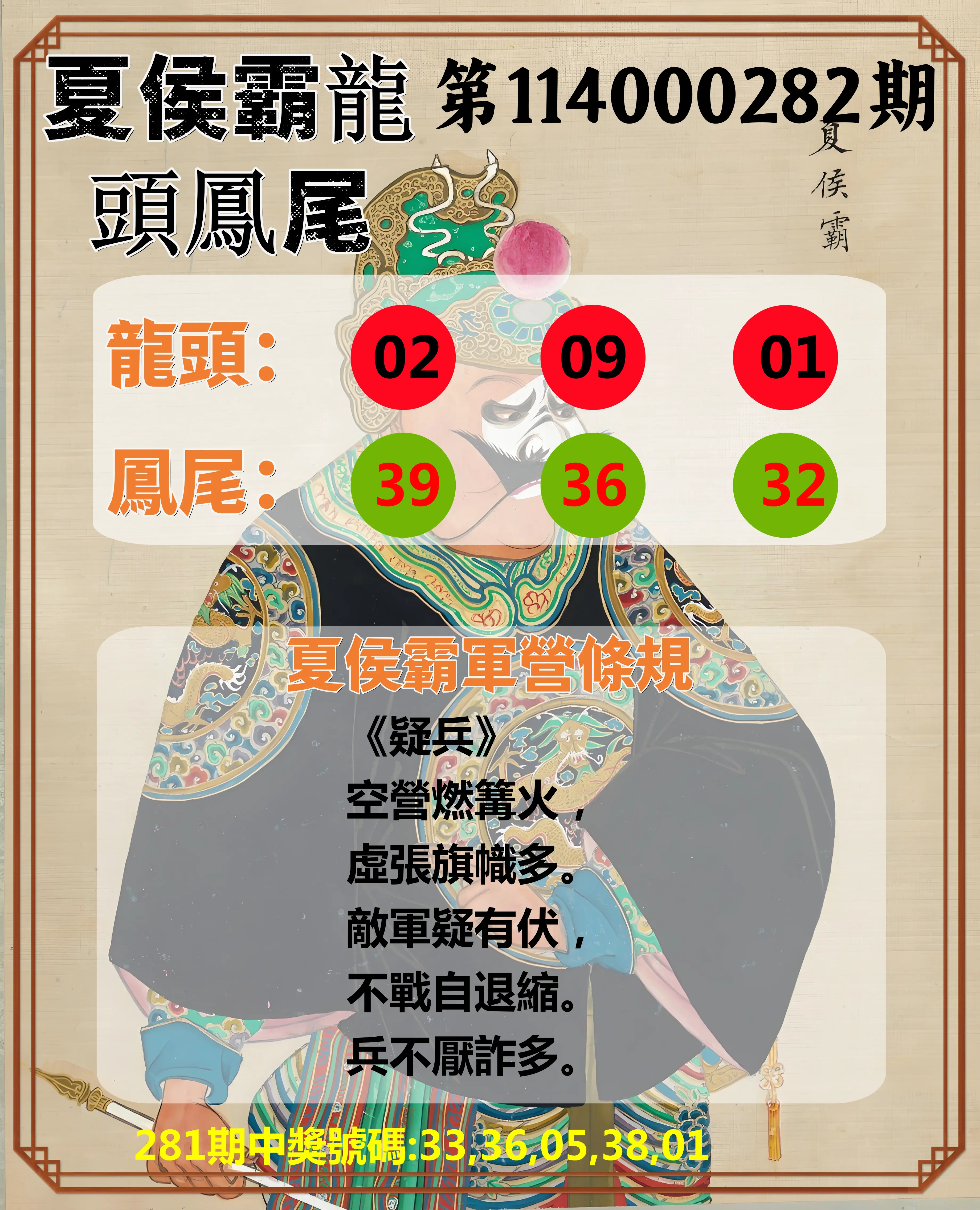 今彩539第114000282期(11/21)夏侯霸龍頭鳳尾