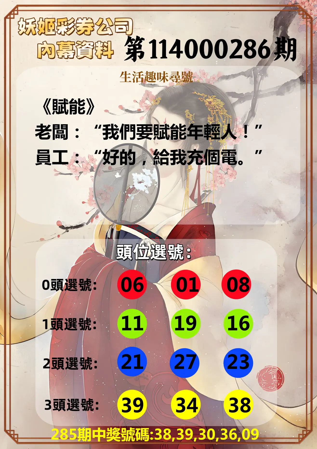 今彩539第114000286期(11/26)妖姬彩券公司內幕資料