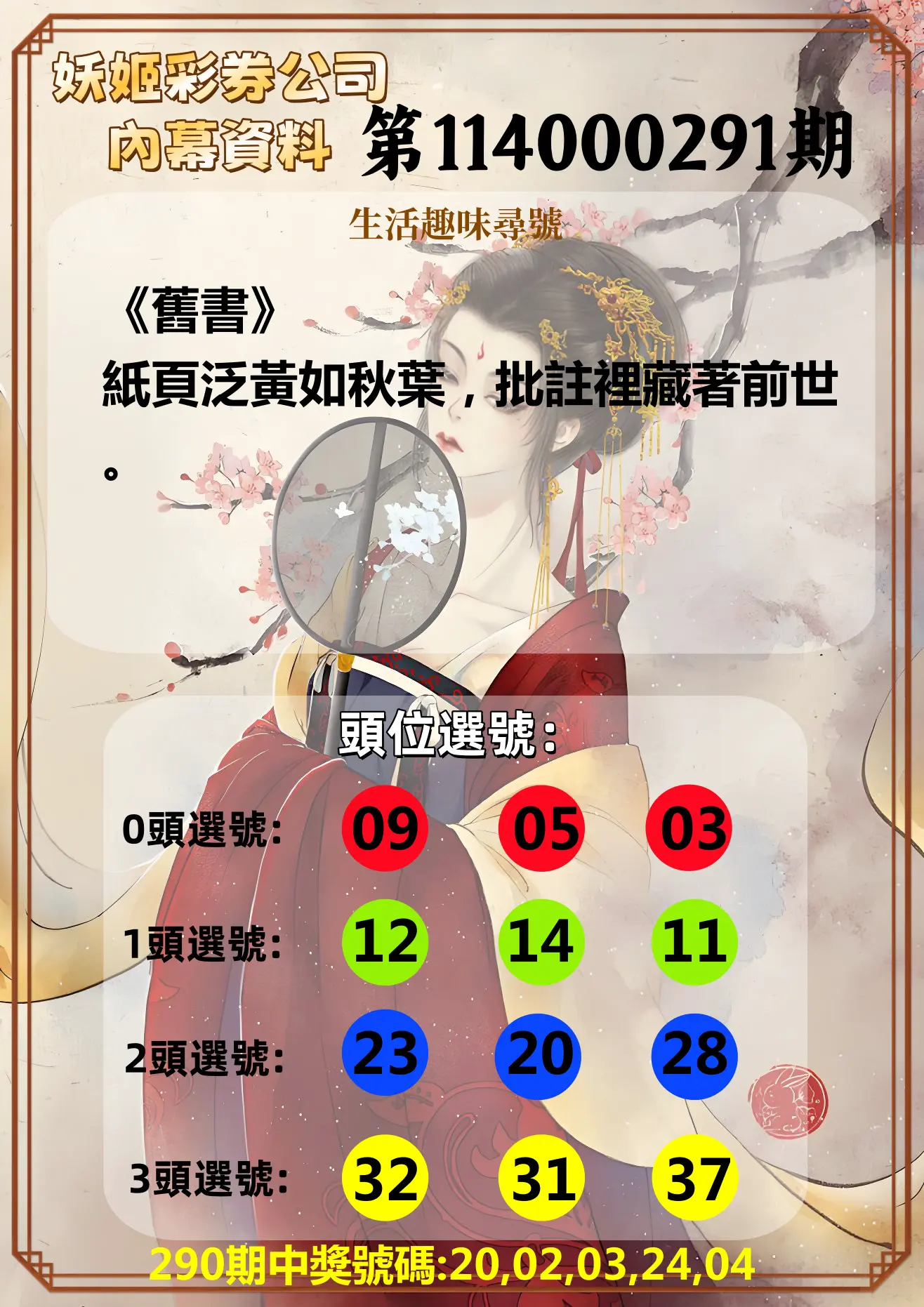 今彩539第114000291期(12/02)妖姬彩券公司內幕資料