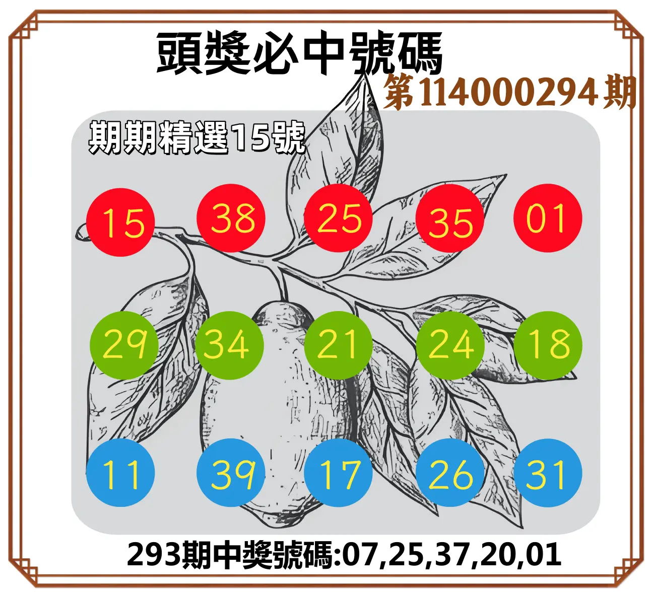 今彩539第114000294期(12/05)頭獎號碼
