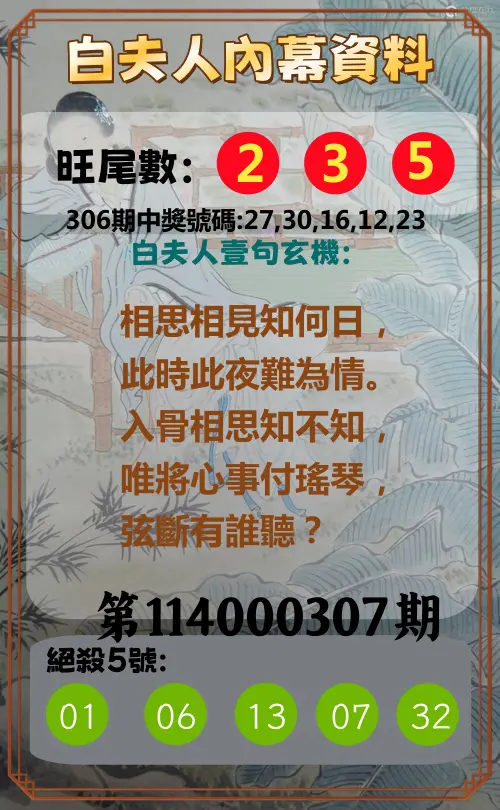 今彩539第114000307期(12/20)白夫人內幕資料