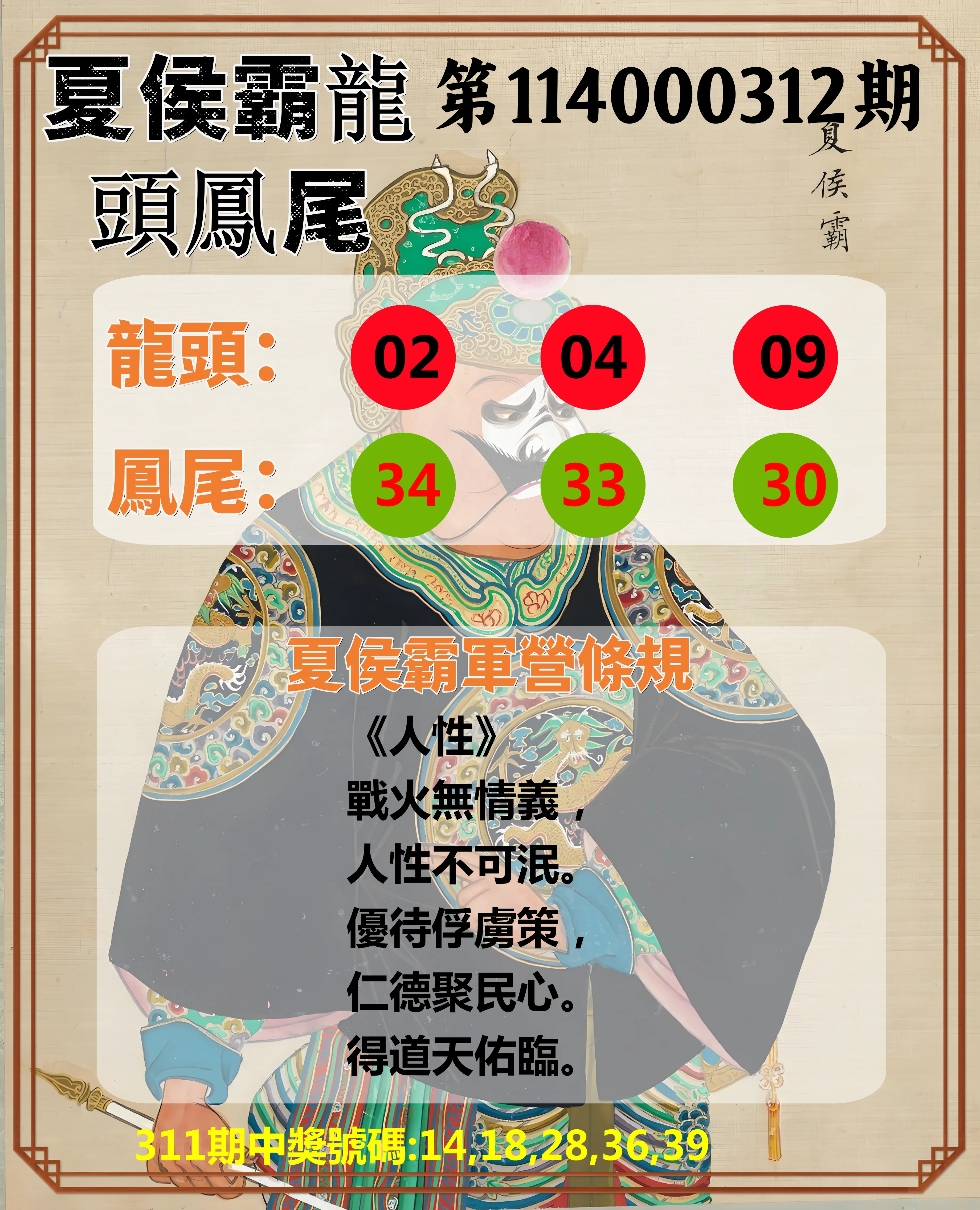 今彩539第114000312期(12/26)夏侯霸龍頭鳳尾