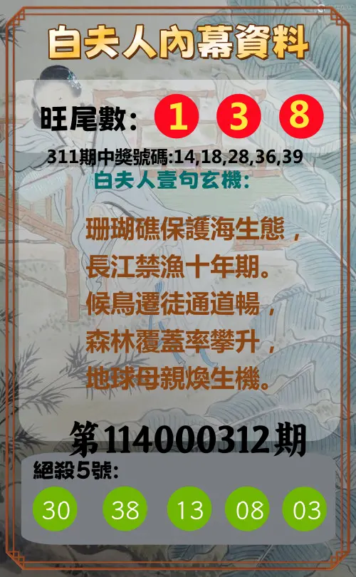 今彩539第114000312期(12/26)白夫人內幕資料