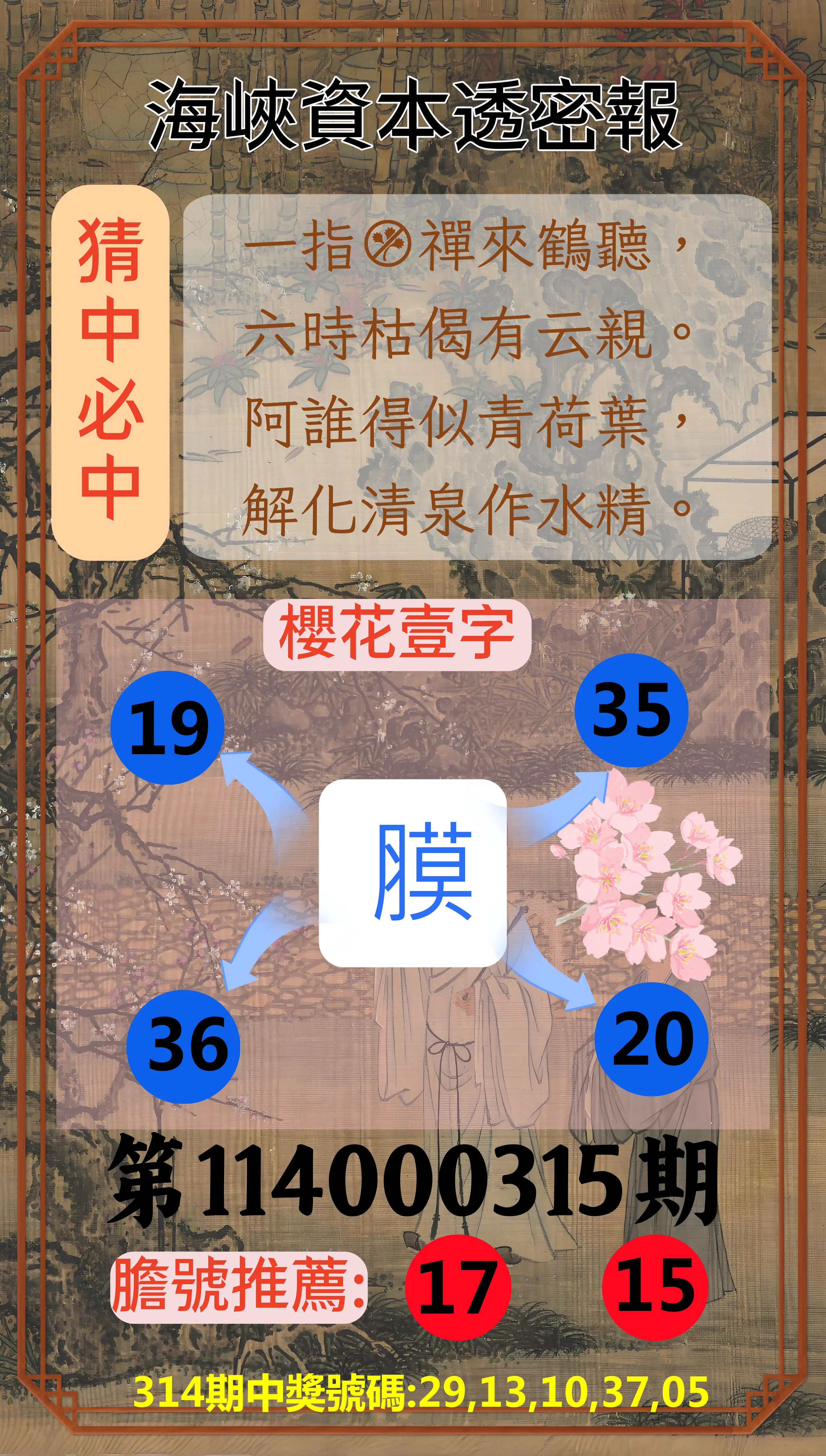 今彩539第114000315期(12/30)海峽資本透密報