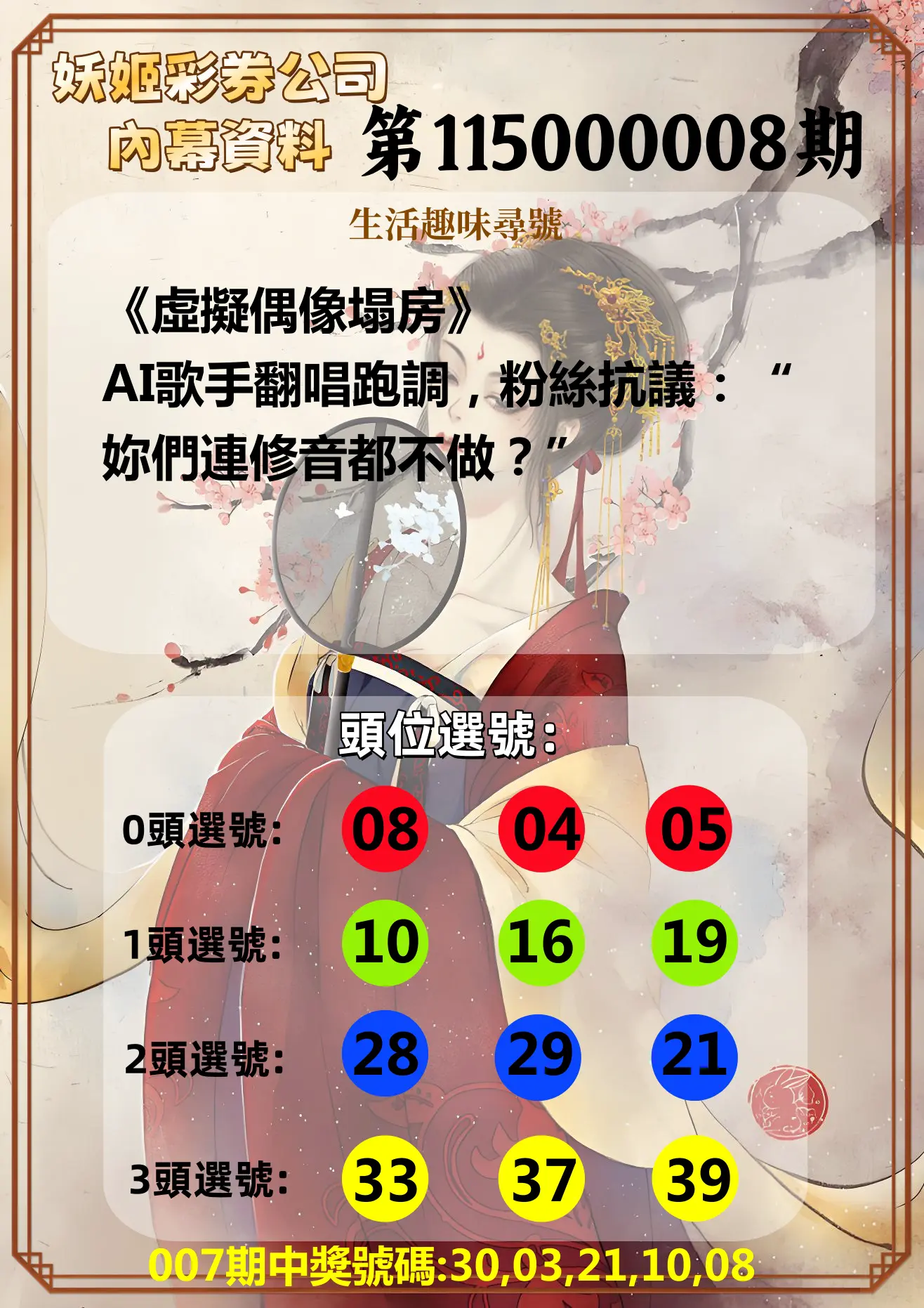 今彩539第115000008期(01/09)妖姬彩券公司內幕資料