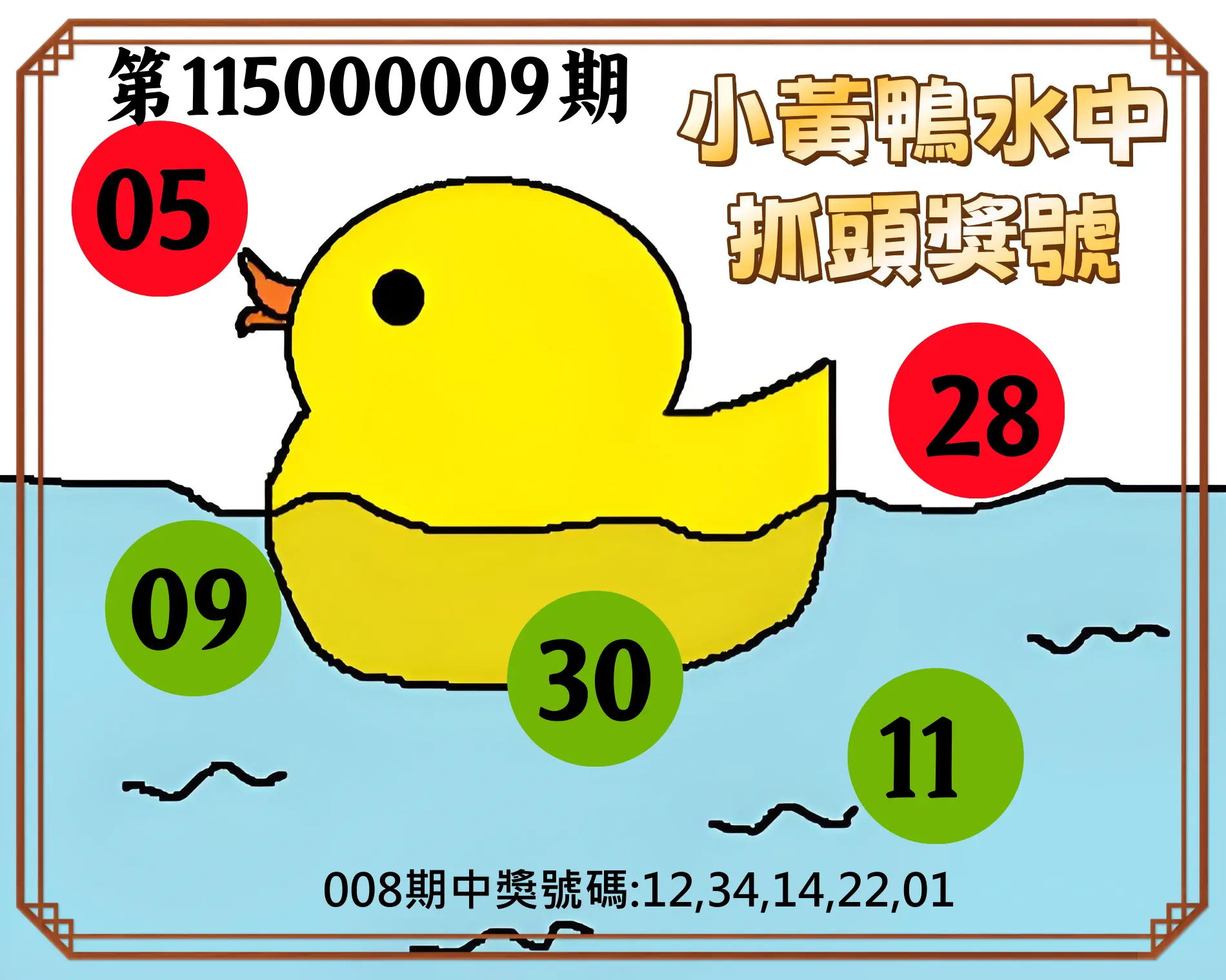 今彩539第115000009期(01/10)小黃鴨水中抓頭獎號