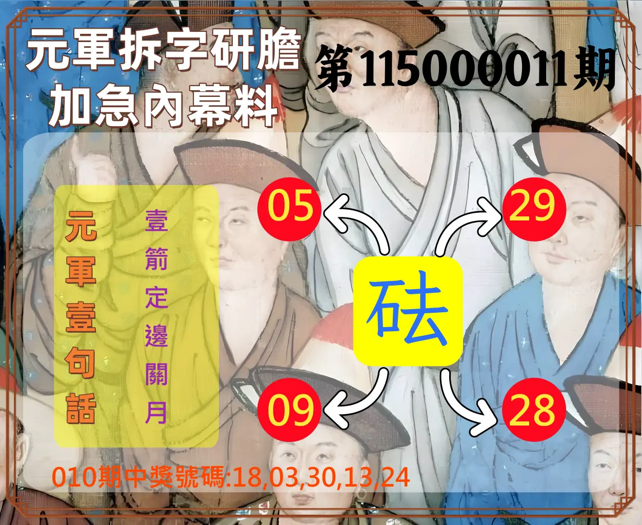 今彩539第115000011期(01/13)元軍拆字研膽加急內幕料