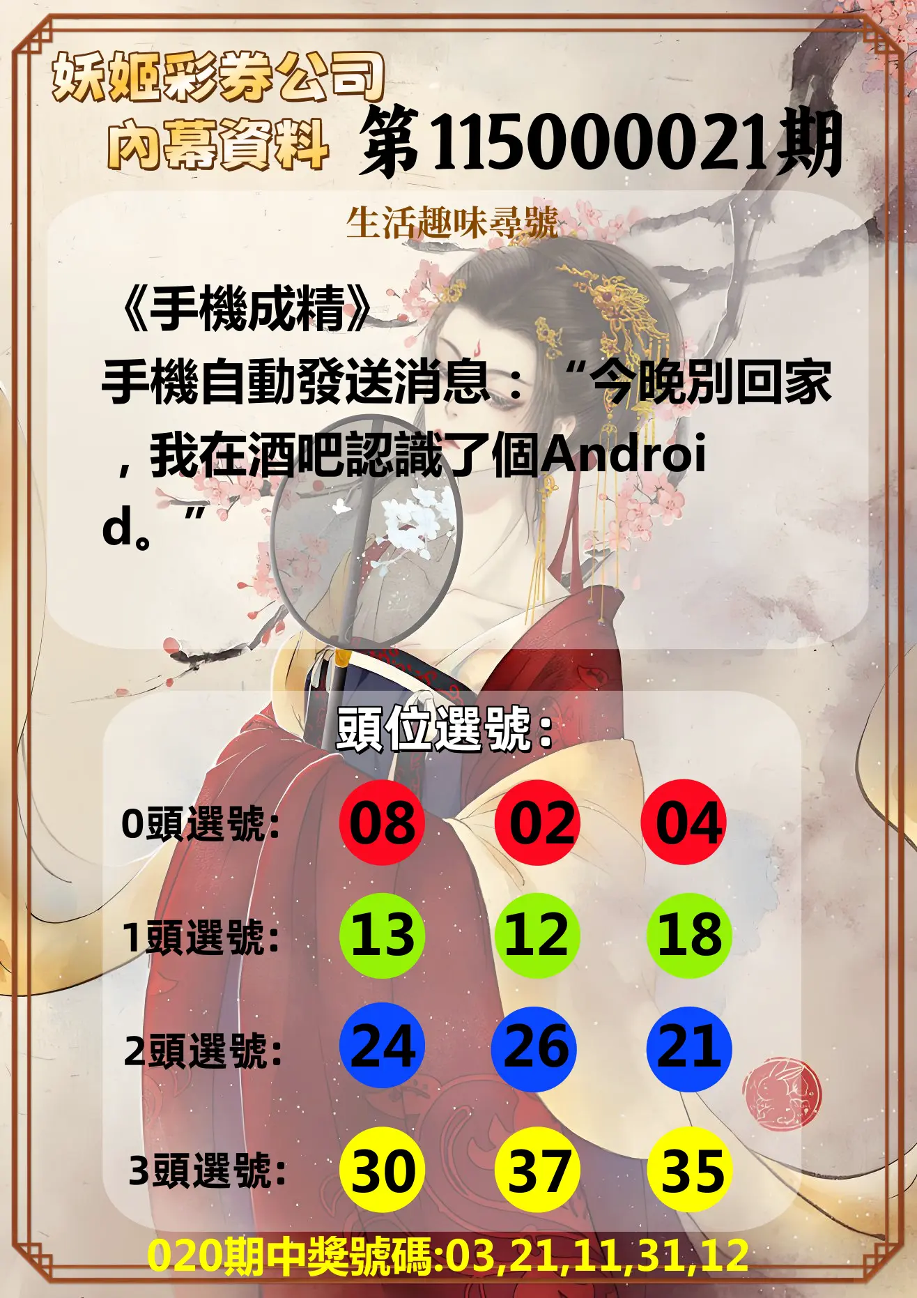 今彩539第115000021期(01/24)妖姬彩券公司內幕資料