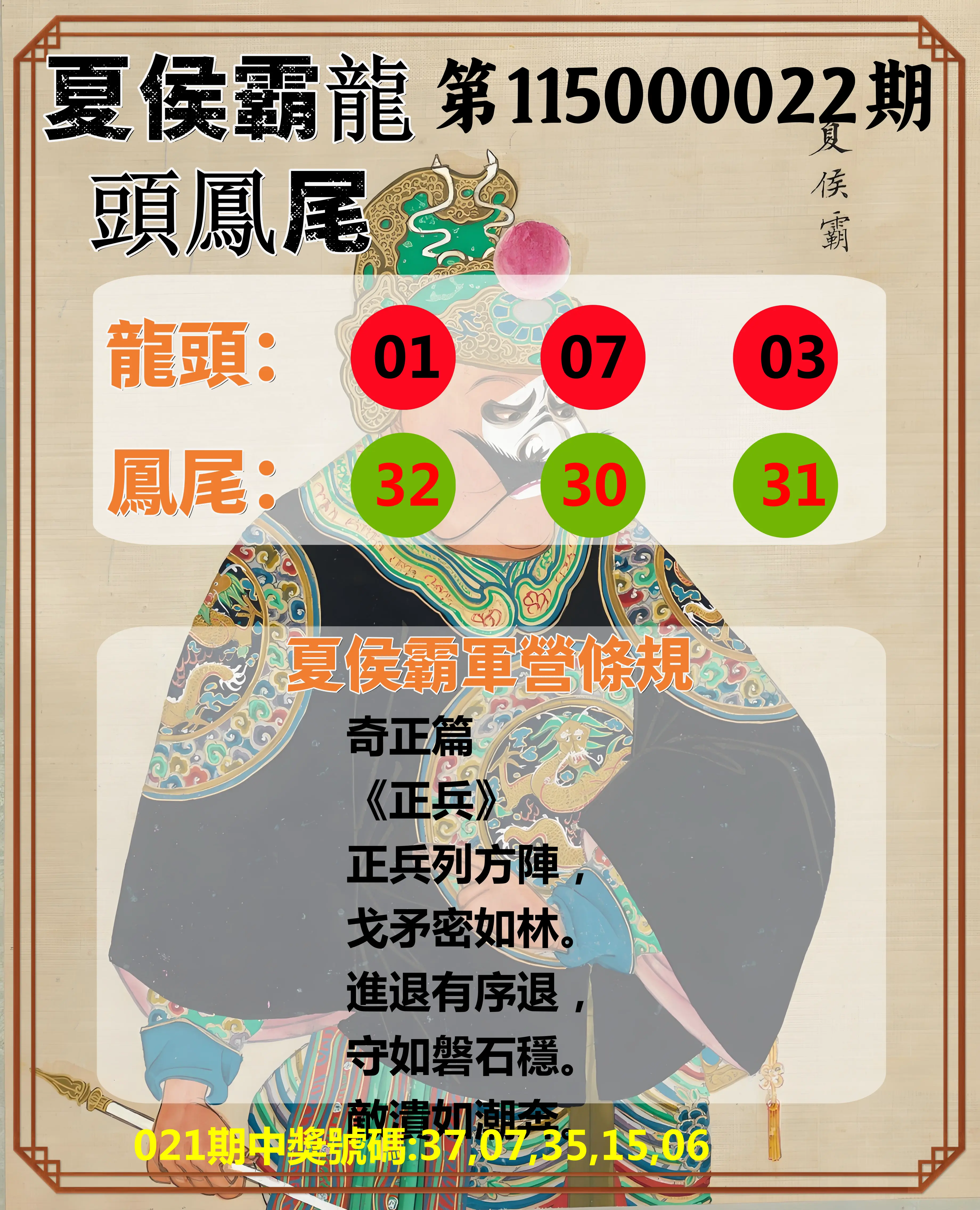 今彩539第115000022期(01/26)夏侯霸龍頭鳳尾