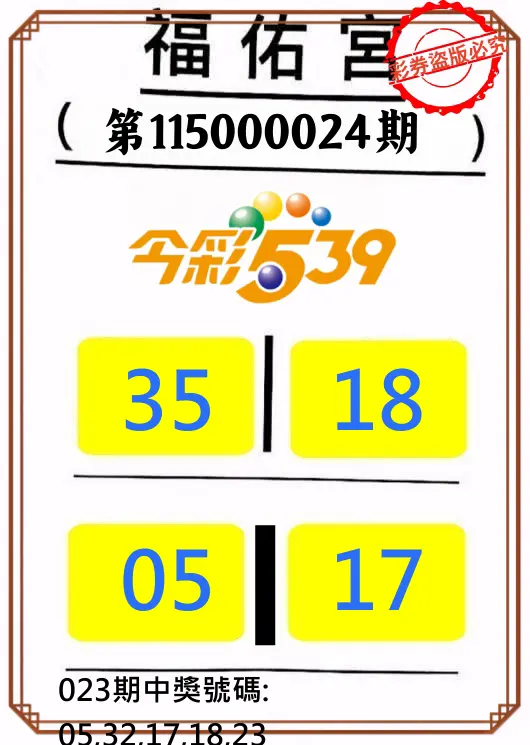 今彩539第115000024期(01/28)正版今彩539福佑宮牌號