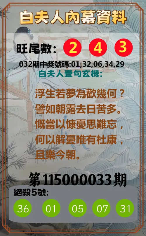 今彩539第115000033期(02/07)白夫人內幕資料