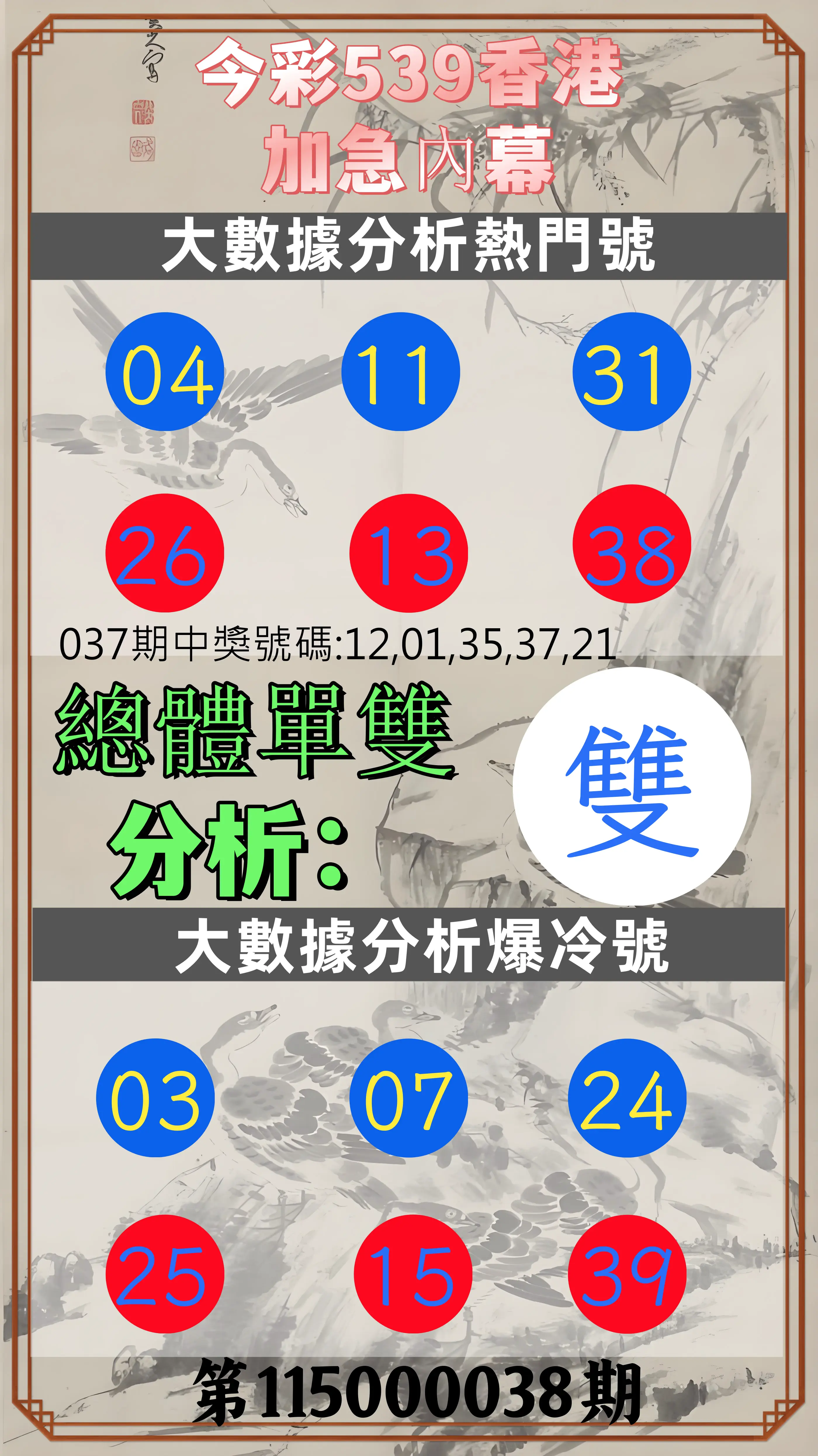今彩539第115000038期(02/13)今彩539香港加急內幕